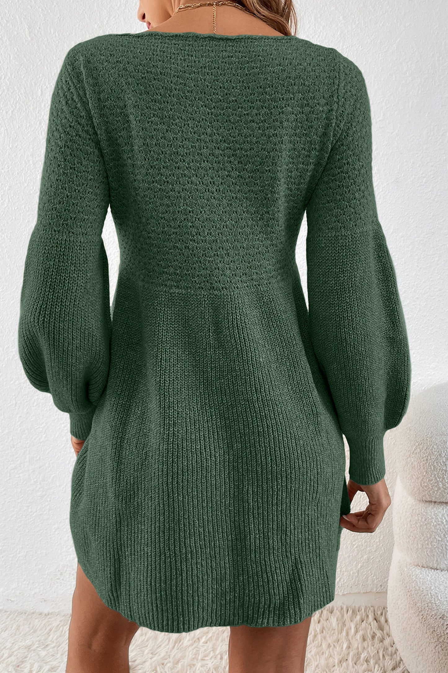 Mist Green Solid Lantern Sleeve Empire Waist Short Sweater Dress-TOPS / DRESSES-[Adult]-[Female]-2022 Online Blue Zone Planet