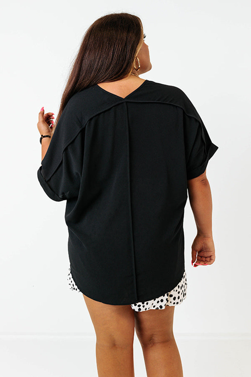 Green Seamed Back High Low Hem V Neck Cuffed Sleeve Plus Size Tee-Plus Size/Plus Size Tops/Plus Size Tops & Tees-[Adult]-[Female]-2022 Online Blue Zone Planet
