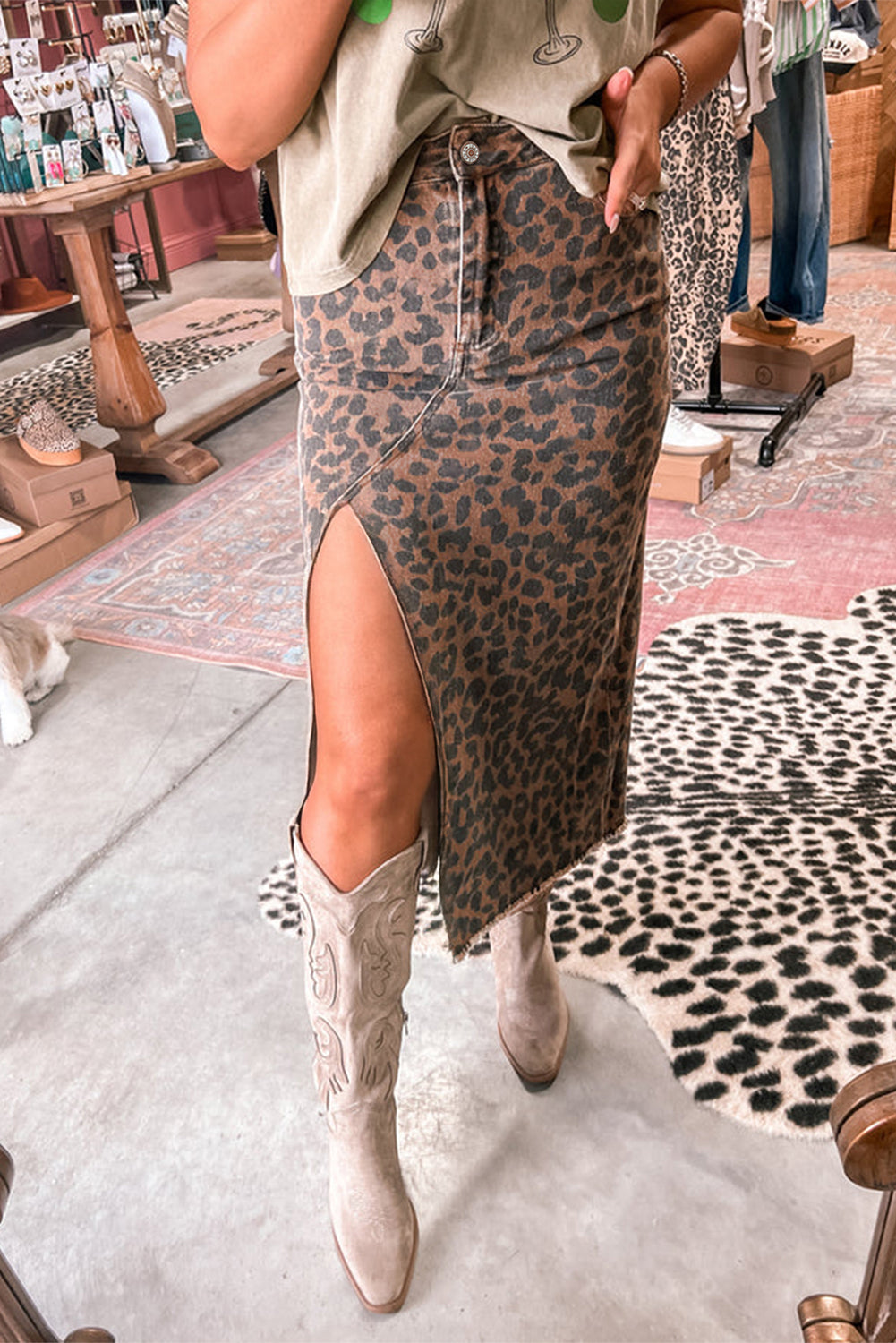 Brown Leopard Denim Frayed Split Denim Midi Skirt-Bottoms/Skirts & Petticoat-[Adult]-[Female]-2022 Online Blue Zone Planet