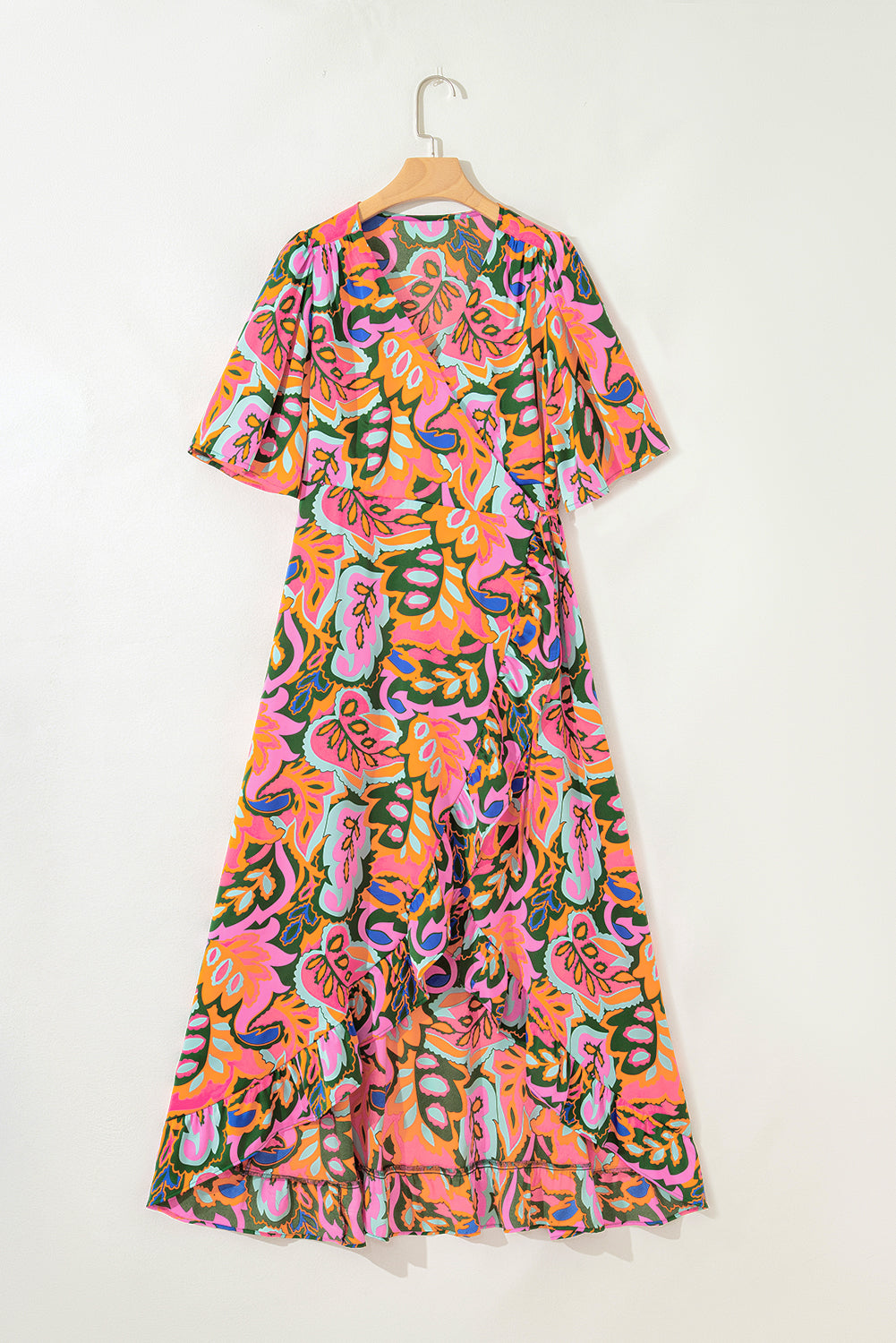 Rose Summer Plant Print Surpliced V Neck Ruffled Asymmetric Slit Wide Short Sleeve Maxi Dress-TOPS / DRESSES-[Adult]-[Female]-2022 Online Blue Zone Planet