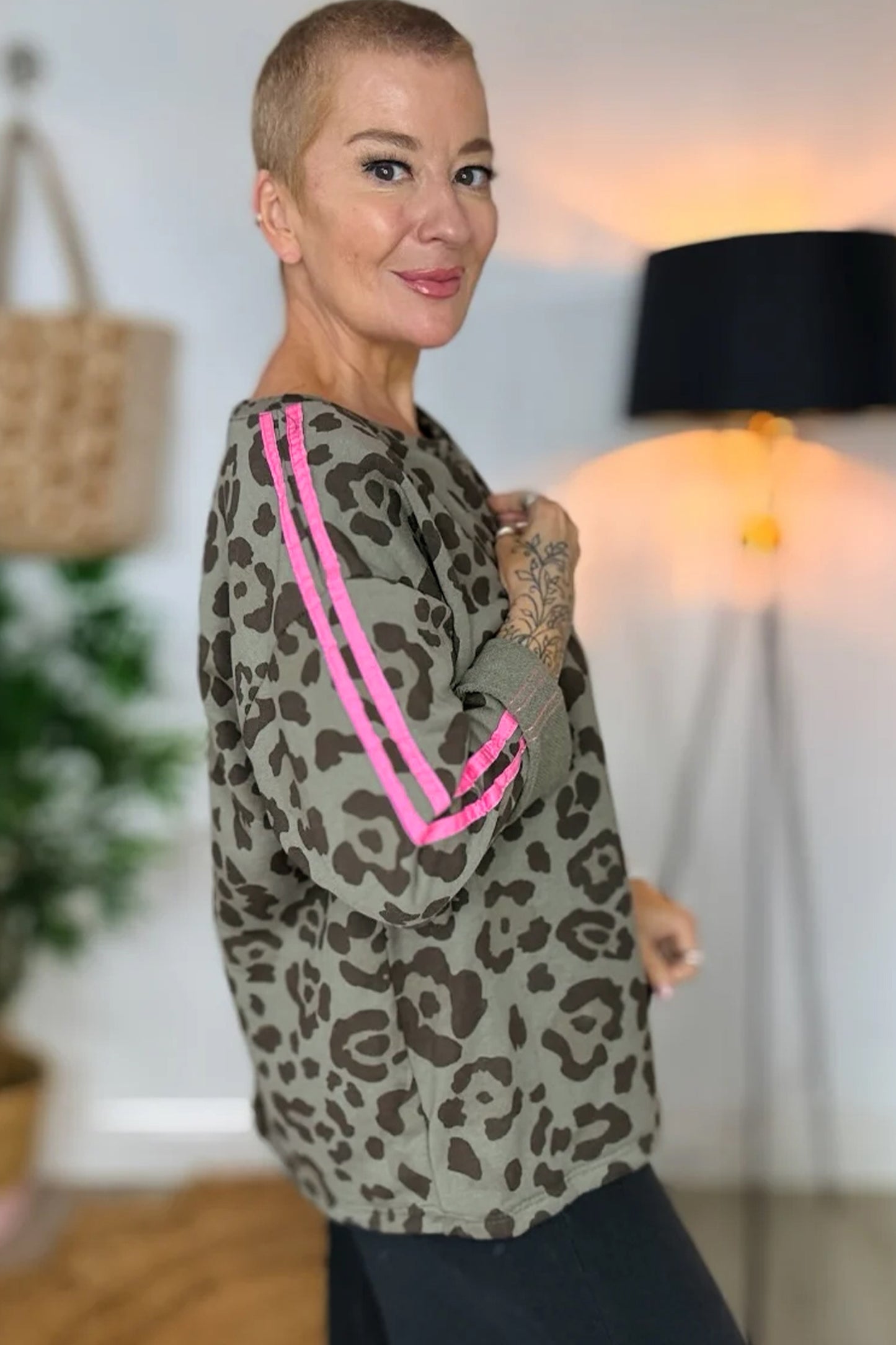 Green Leopard Print Varsity Striped Trim Long Sleeve Top-Tops/Long Sleeve Tops-[Adult]-[Female]-2022 Online Blue Zone Planet