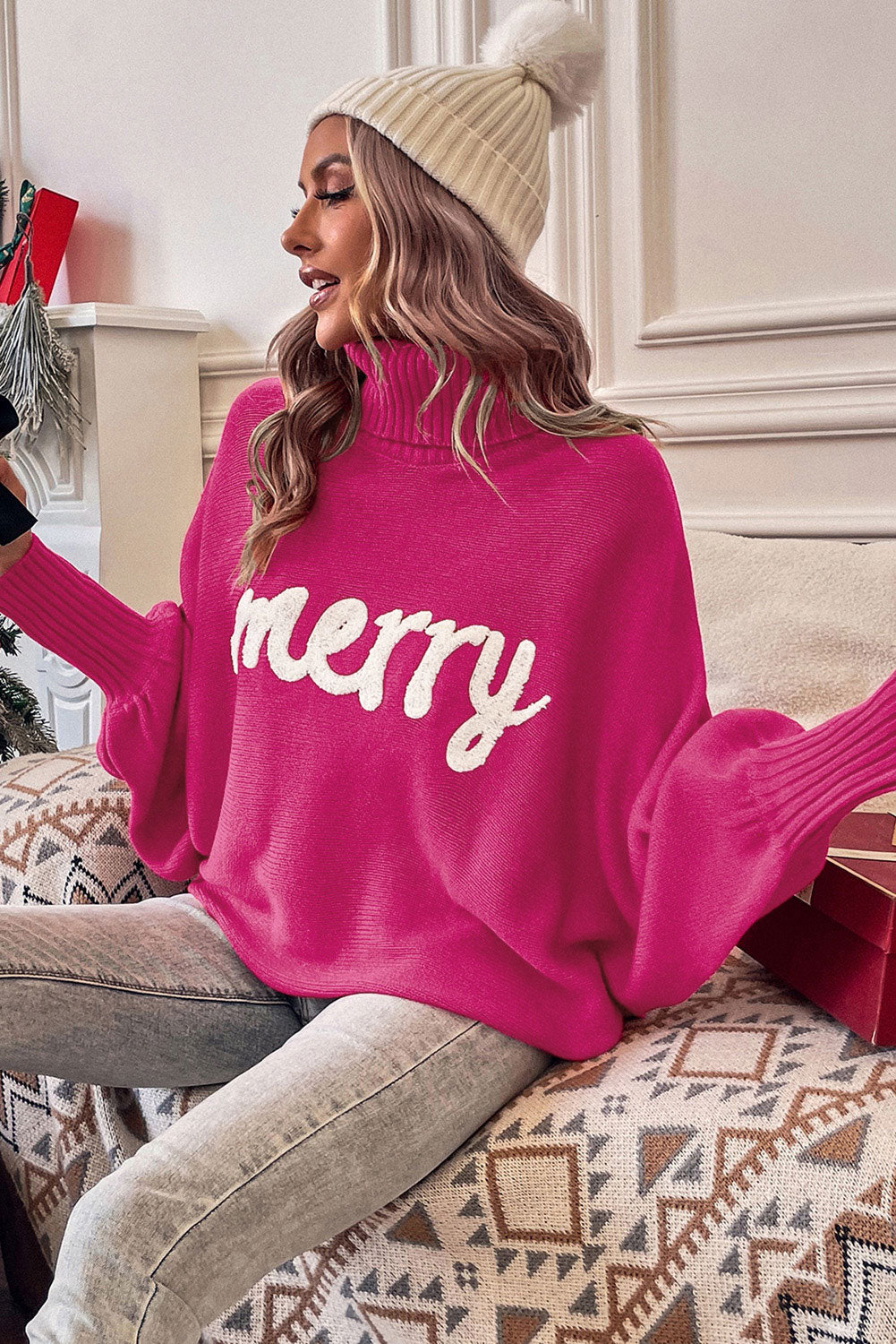 Rose Merry Letter Embroidered High Neck Sweater-Sweaters & Cardigans/Sweaters-[Adult]-[Female]-2022 Online Blue Zone Planet