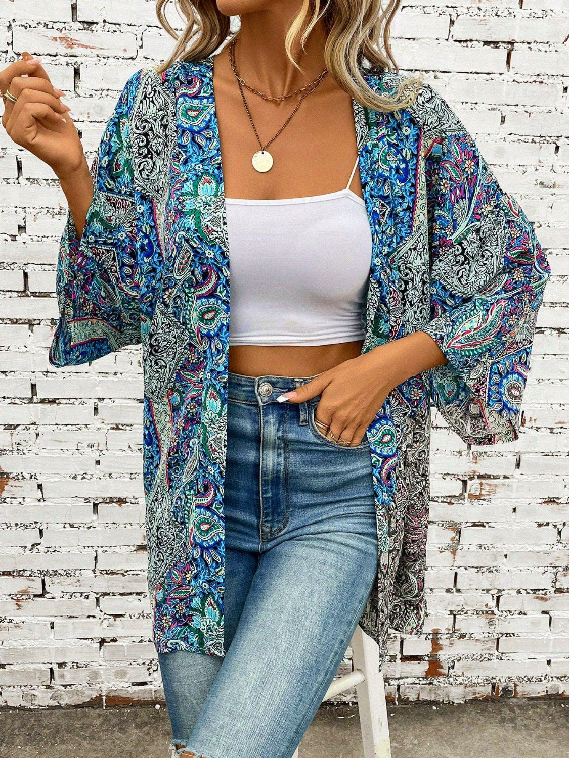 Printed Open Front Three-Quarter Sleeve Cover Up-TOPS / DRESSES-[Adult]-[Female]-Teal-One Size-2022 Online Blue Zone Planet