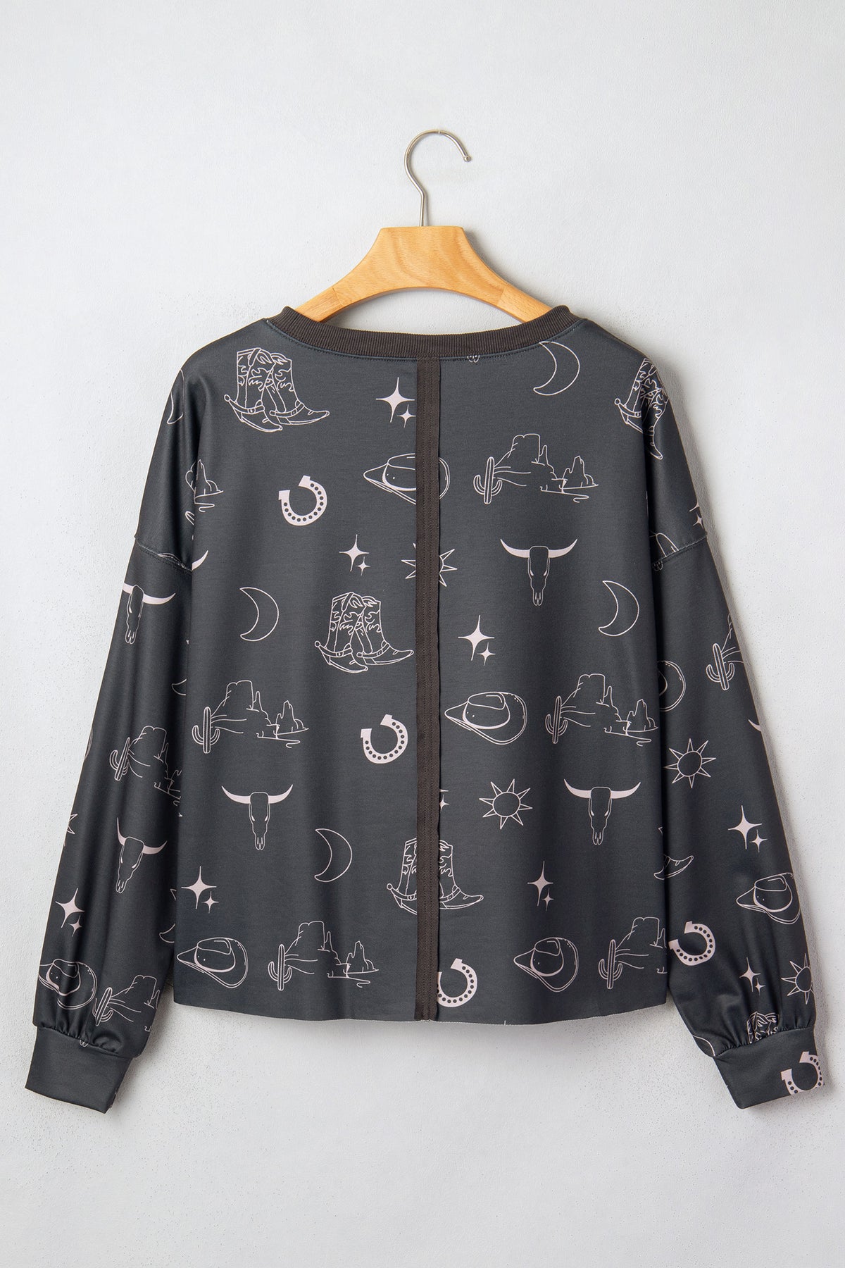 Gray Western Print Crew Neck Sweatshirt-Tops/Sweatshirts & Hoodies-[Adult]-[Female]-2022 Online Blue Zone Planet