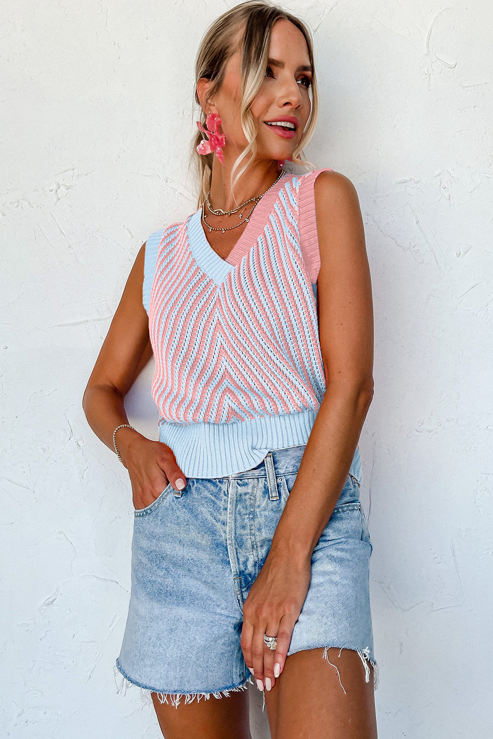 Light Pink Contrast Chevron Knit V Neck Sweater Vest-Sweaters & Cardigans/Sweater Vests-[Adult]-[Female]-2022 Online Blue Zone Planet