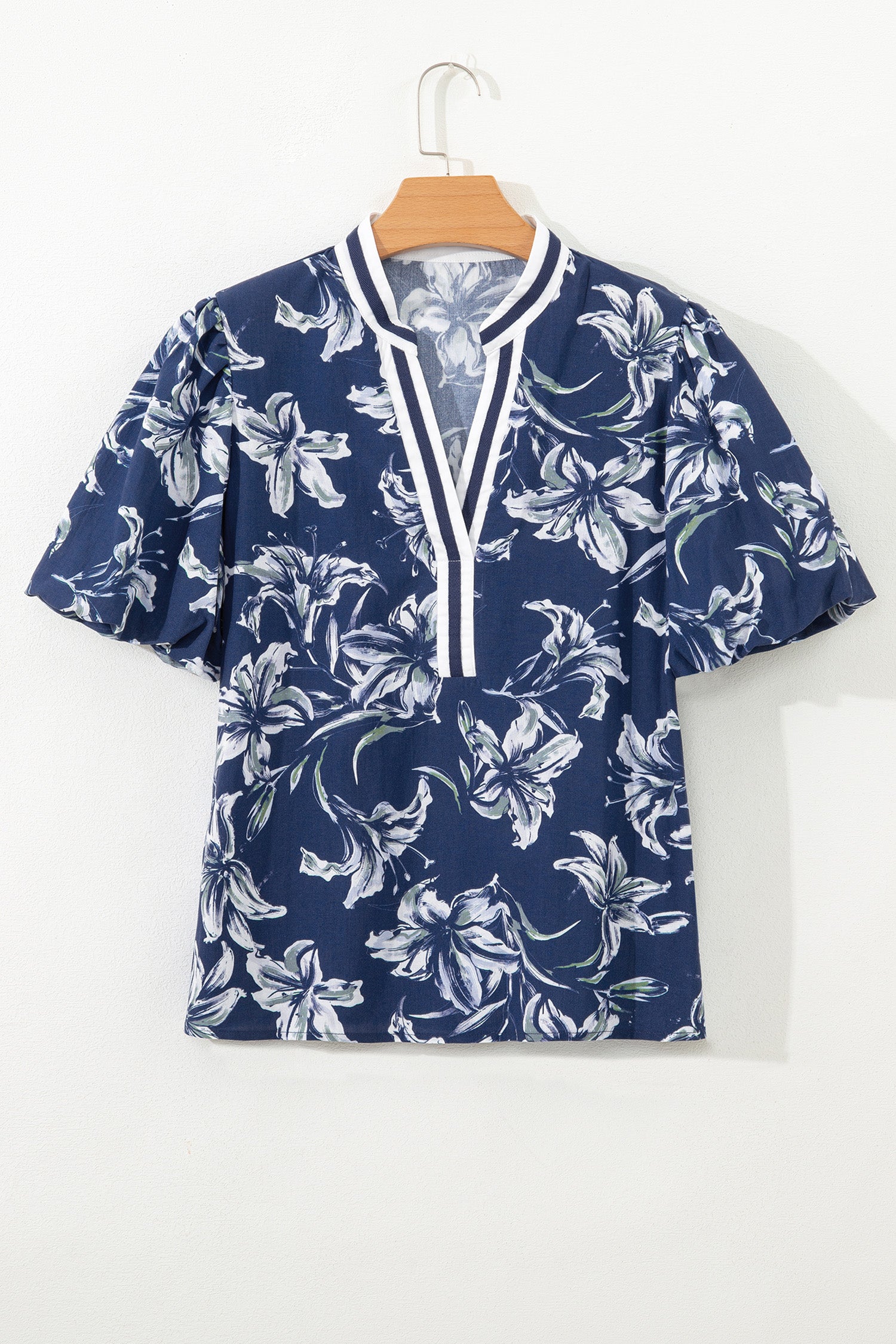 Blue Floral Print Short Puff Sleeve Striped Trim V Neck Blouse-Tops/Blouses & Shirts-[Adult]-[Female]-2022 Online Blue Zone Planet