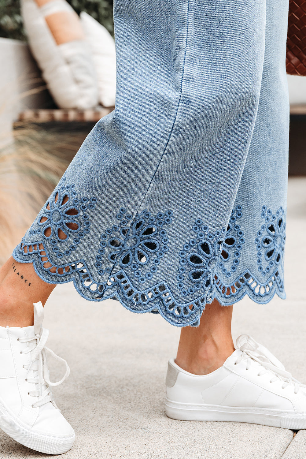 Dusk Blue Embroidered Cropped Wide Leg High Waist Jeans-Bottoms/Jeans-[Adult]-[Female]-2022 Online Blue Zone Planet