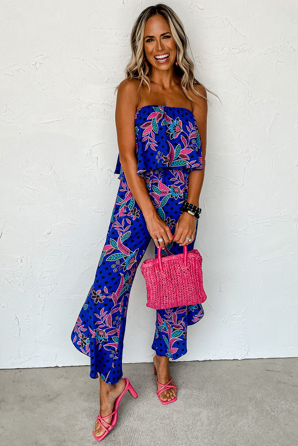 Blue Mix Tropical Print Strapless Ruffled Jumpsuit Blue Zone Planet