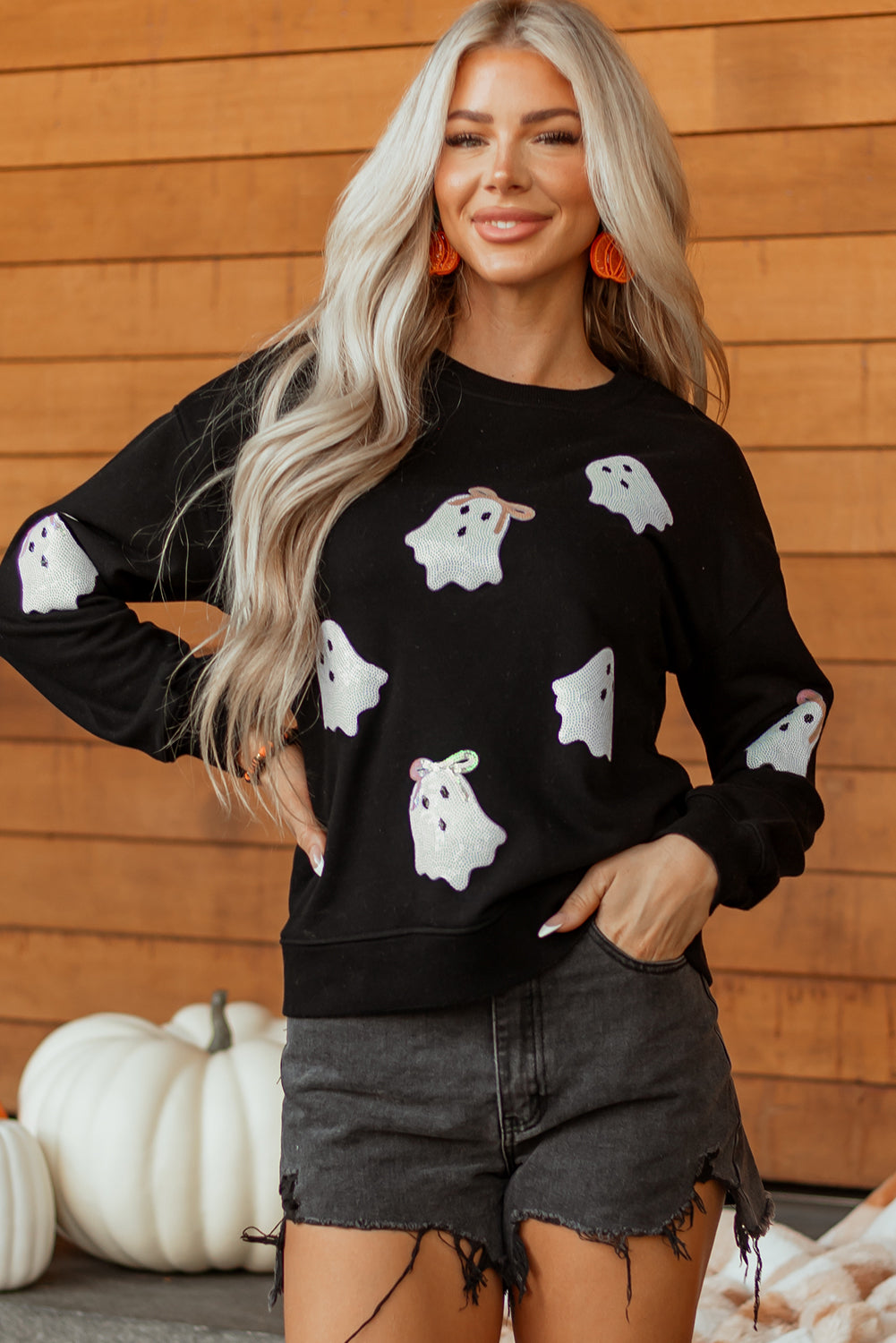 Black Sequin Cute Bow Ghost Graphic Crew Neck Halloween Sweatshirt-Graphic/Graphic Sweatshirts-[Adult]-[Female]-2022 Online Blue Zone Planet