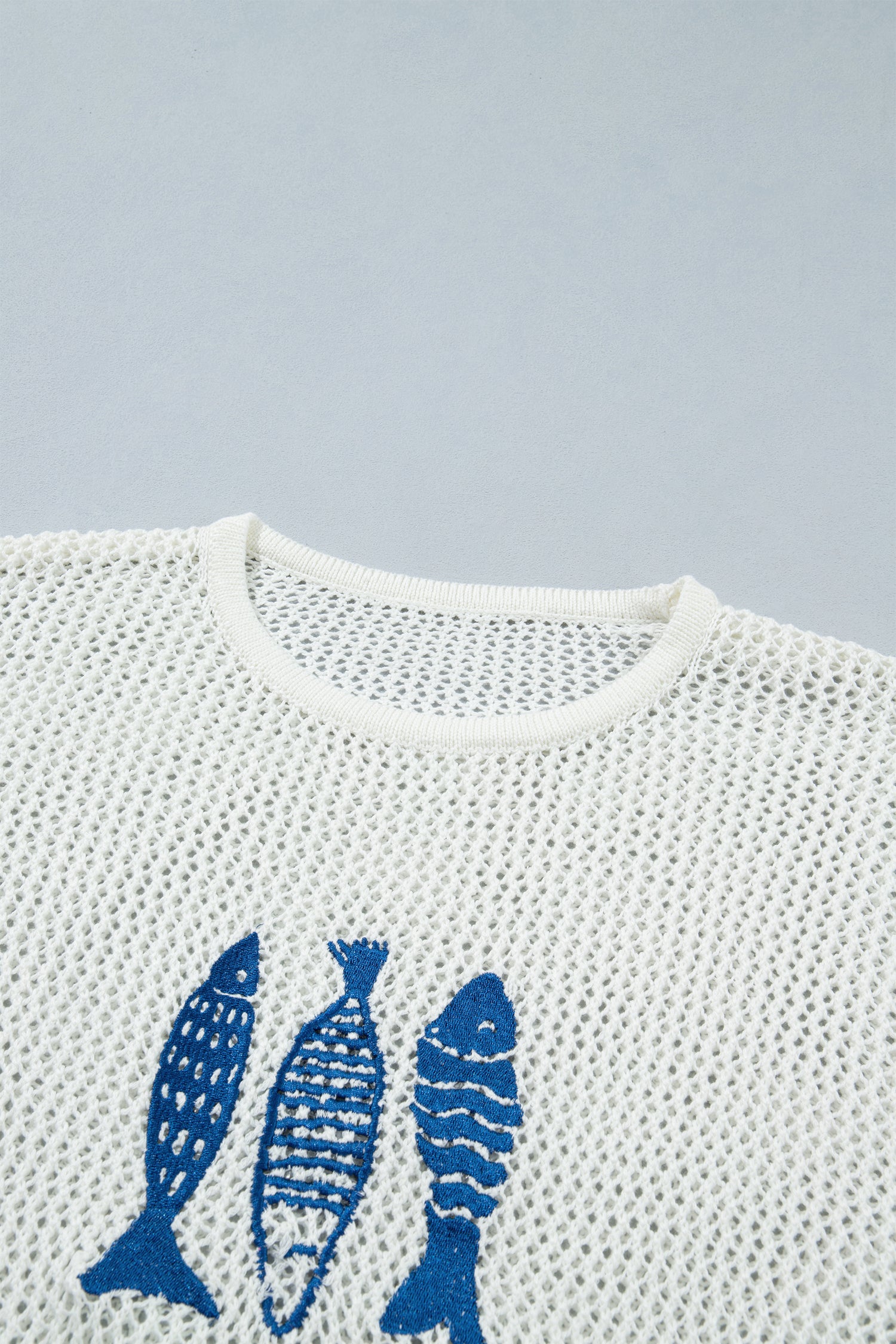 White Open Knit Fish Embroidered Casual Sweater-TOPS / DRESSES-[Adult]-[Female]-2022 Online Blue Zone Planet
