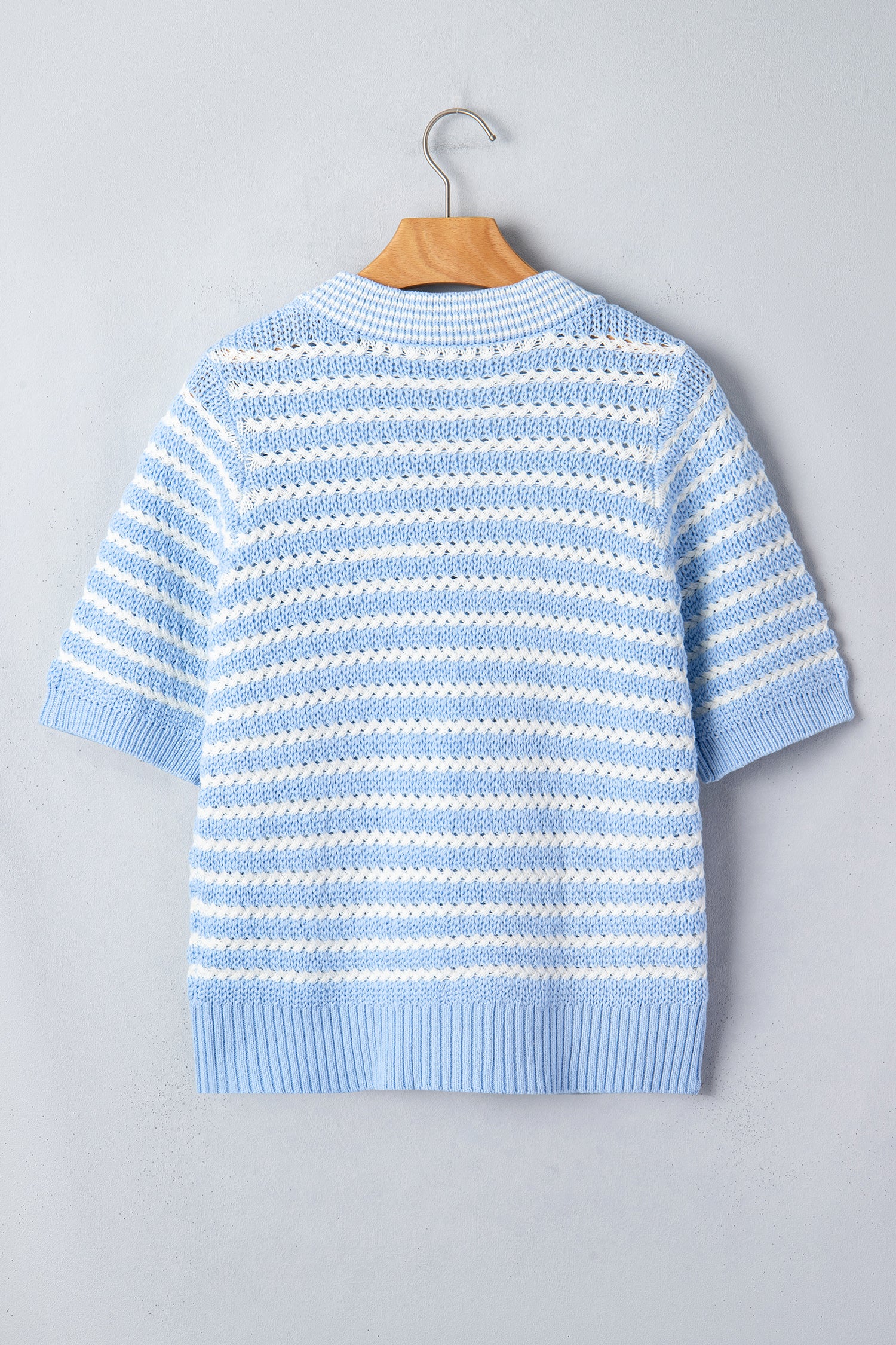 Sky Blue Stripe Short Sleeve Knit V Neck Bow Knot Sweater-TOPS / DRESSES-[Adult]-[Female]-2022 Online Blue Zone Planet