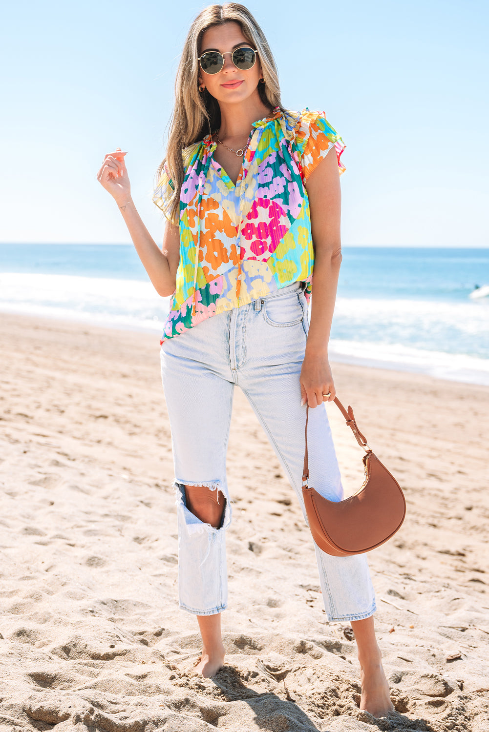 Blue Zone Planet | Multicolour Leopard Flutter Sleeve V Neck Crinkled Blouse-TOPS / DRESSES-[Adult]-[Female]-2022 Online Blue Zone Planet