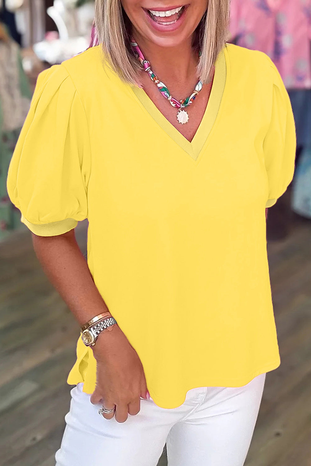 Yellow Solid Color V Neck Short Puff Sleeve Blouse-Tops/Blouses & Shirts-[Adult]-[Female]-Yellow-S-2022 Online Blue Zone Planet