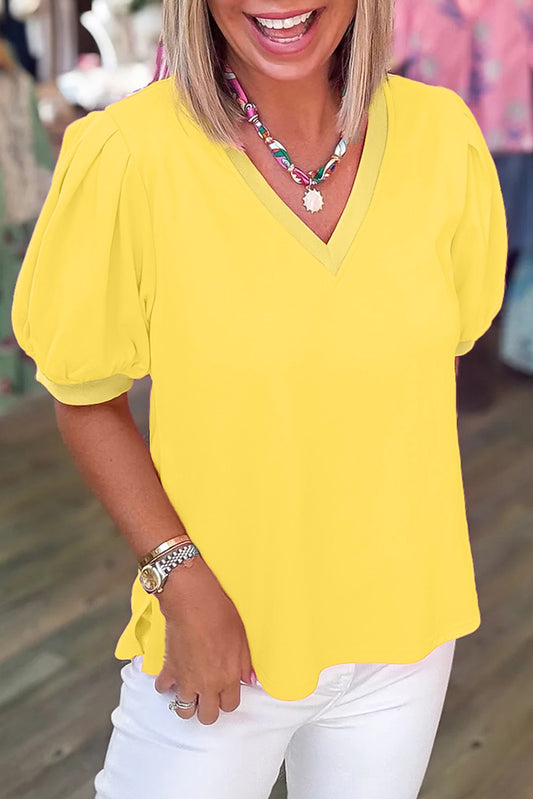 Yellow Solid Color V Neck Short Puff Sleeve Blouse-Tops/Blouses & Shirts-[Adult]-[Female]-Yellow-S-2022 Online Blue Zone Planet