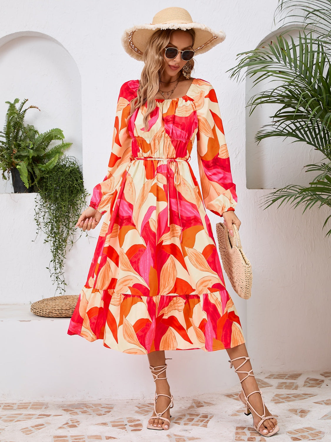 Printed Long Sleeve Midi Dress-TOPS / DRESSES-[Adult]-[Female]-Orange-S-2022 Online Blue Zone Planet