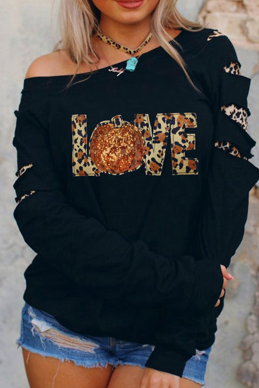 Black LOVE Sequin Pumpkin Leopard Print Cut Out Sleeve Sweatshirt-Graphic/Graphic Sweatshirts-[Adult]-[Female]-Black-S-2022 Online Blue Zone Planet