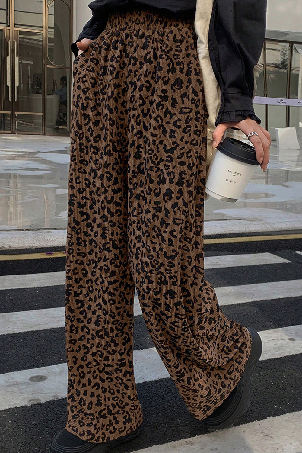 Dark Brown Leopard Print Elastic High Waist Loose Corduroy Pants-Bottoms/Pants & Culotte-[Adult]-[Female]-Dark Brown-S-2022 Online Blue Zone Planet