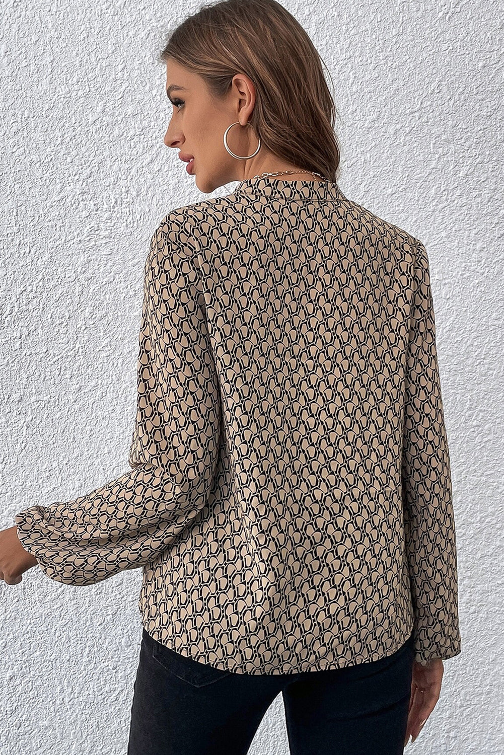 Khaki Geometric Print Notched Neck Long Sleeve Blouse-Blouses-[Adult]-[Female]-2022 Online Blue Zone Planet