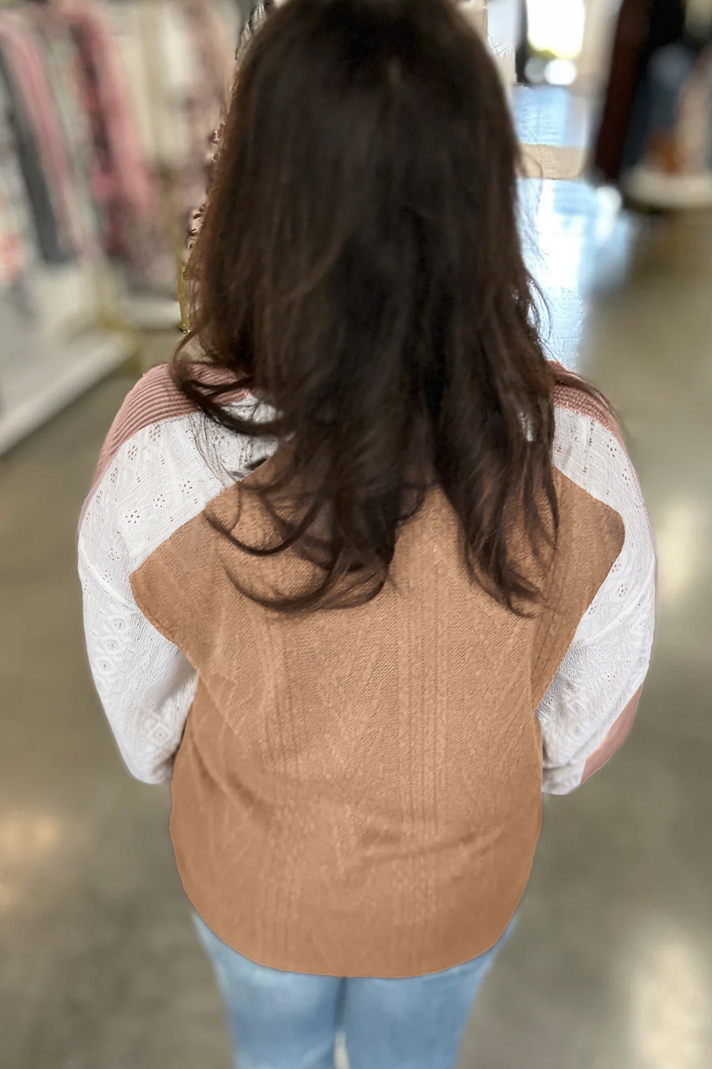 Coffee V Neck Lace Sleeve Patchwork Plus Size Blouse-Plus Size/Plus Size Tops/Plus Size Long Sleeve Tops-[Adult]-[Female]-2022 Online Blue Zone Planet