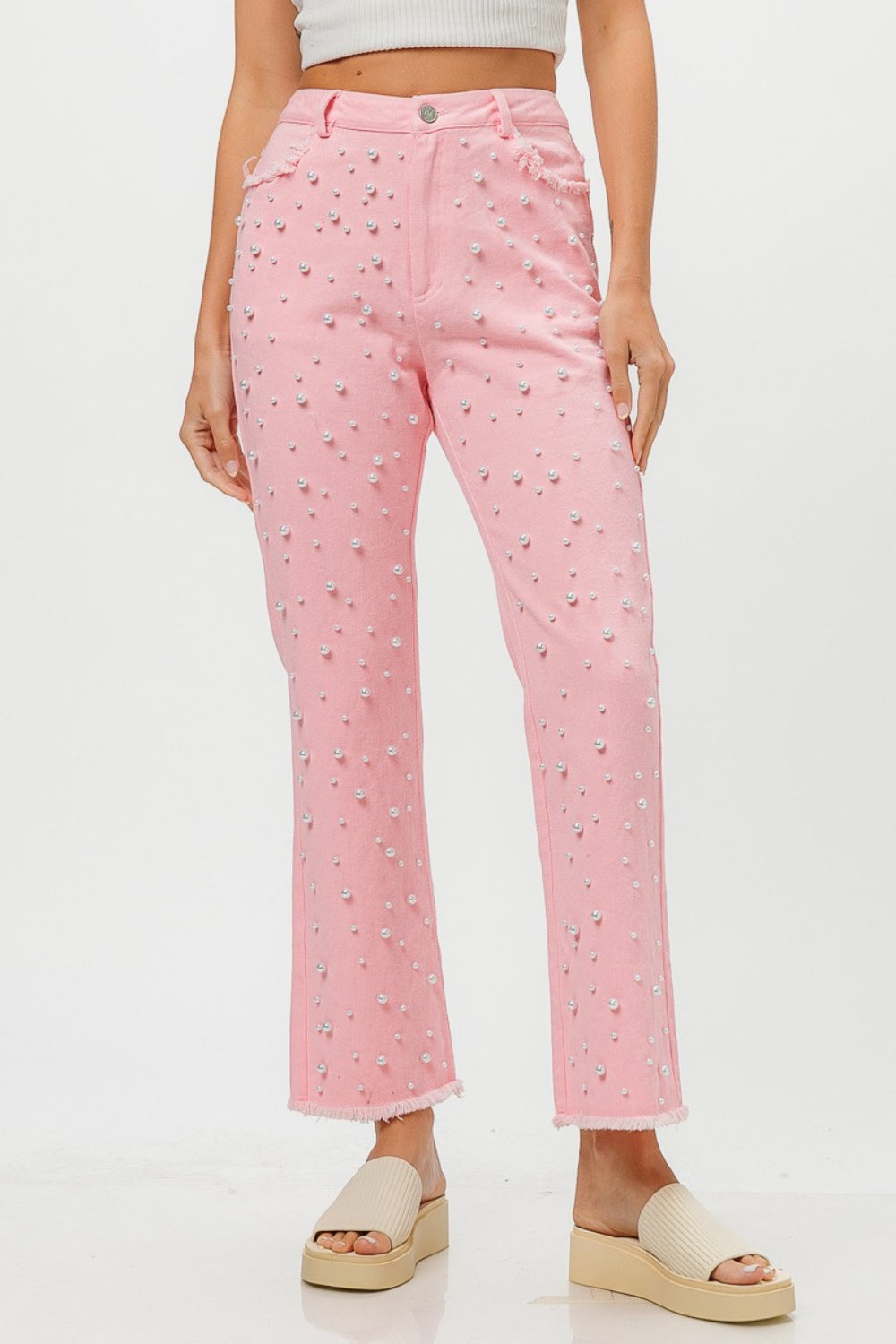 BiBi Washed Pearl Embellished Pants-BOTTOMS SIZES SMALL MEDIUM LARGE-[Adult]-[Female]-Blush Pink-S-2022 Online Blue Zone Planet