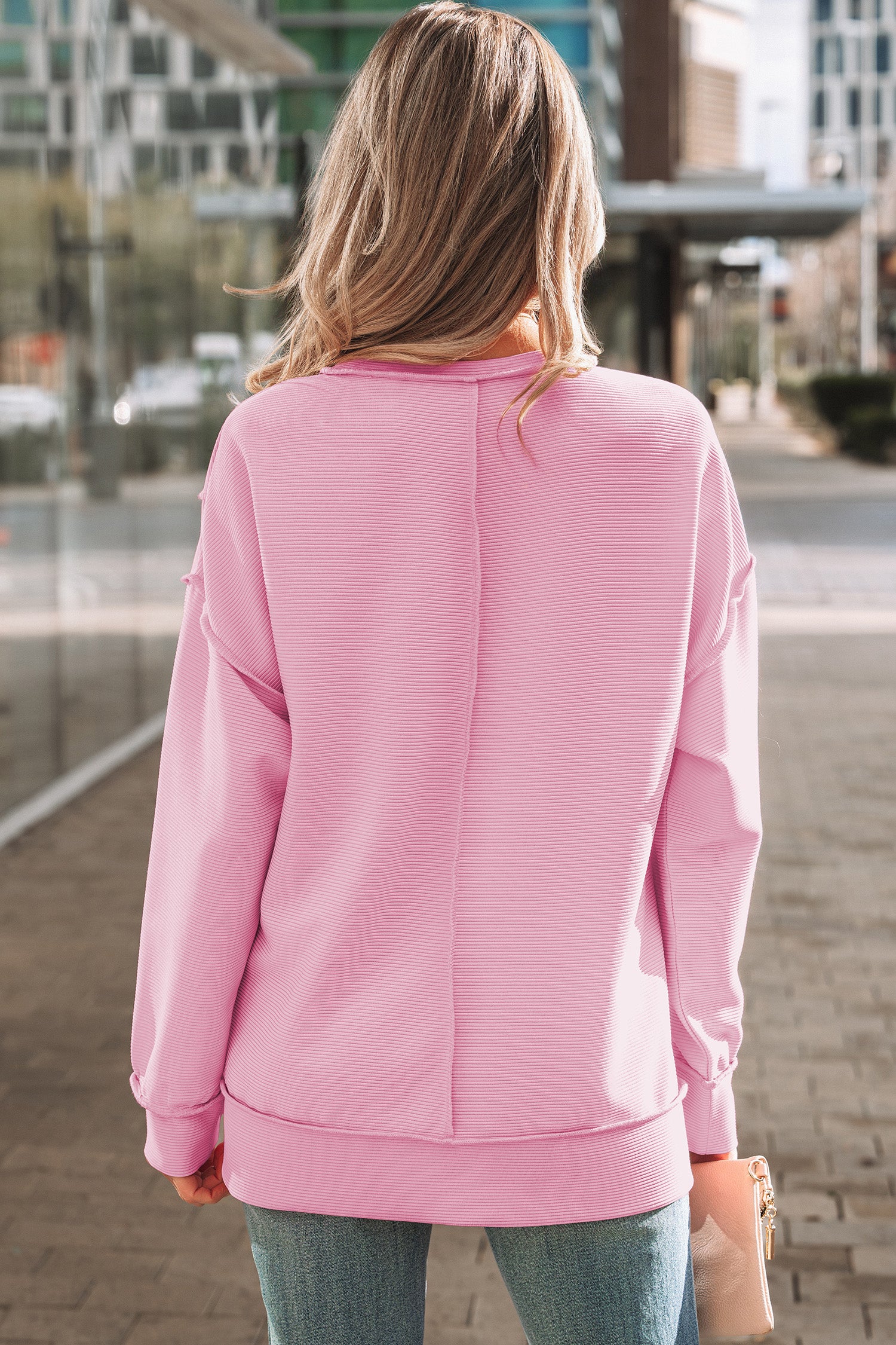 Pink Horizontal Ribbed Exposed Seam Detail Drop Shoulder Baggy Pullover-Tops/Long Sleeve Tops-[Adult]-[Female]-2022 Online Blue Zone Planet