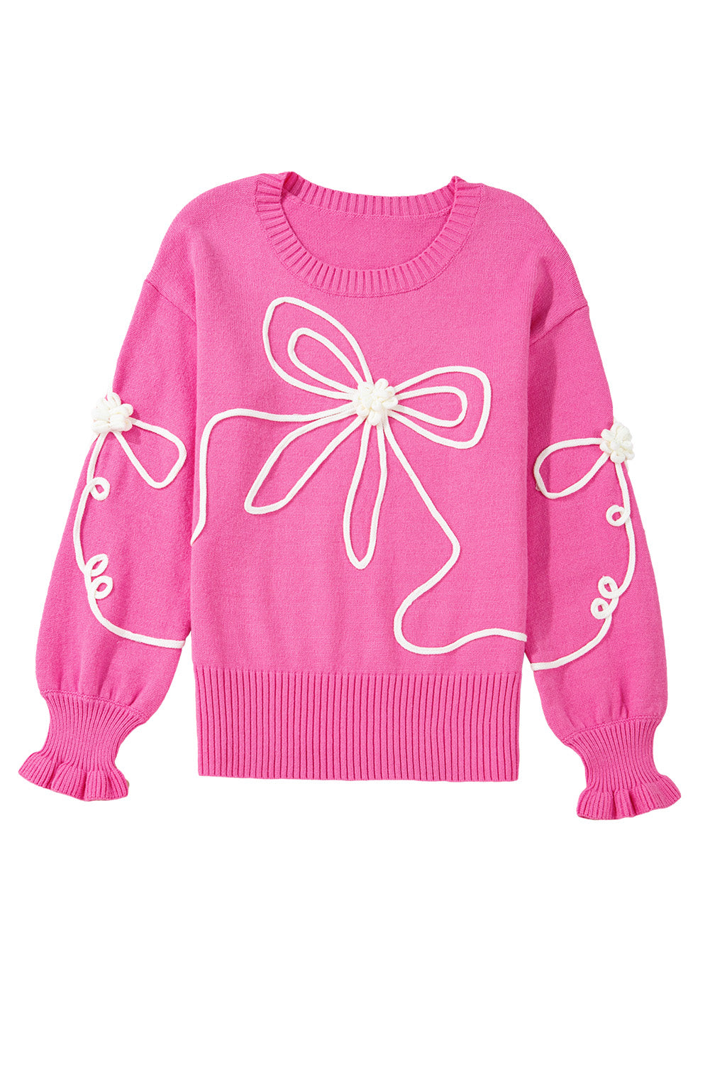 Blue Zone Planet | Bright Pink Sweet Bow Pattern Drop Sleeve Knit Sweater-Sweaters-[Adult]-[Female]-2022 Online Blue Zone Planet