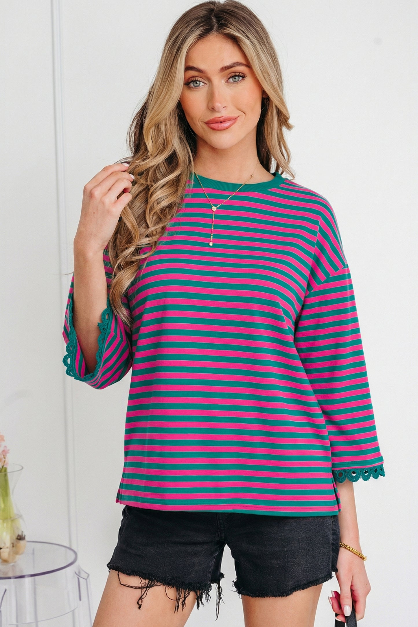 Sachet Pink Striped Print Drop Shoulder Lace Trim Bracelet Sleeve Loose Top