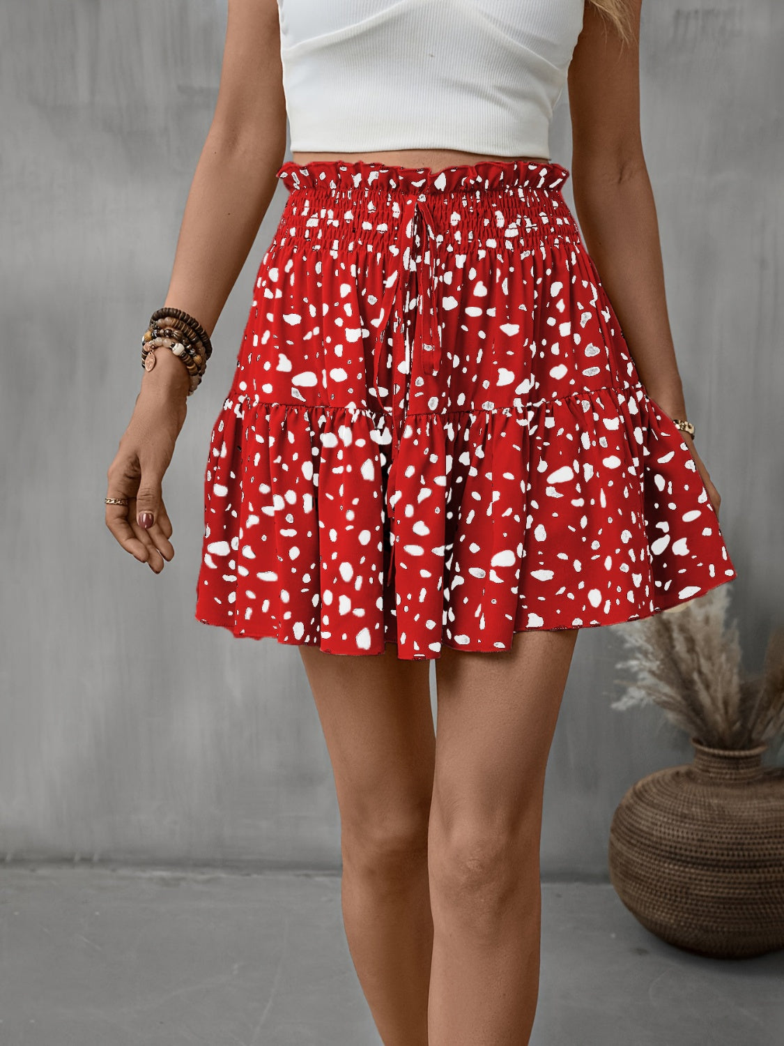 Frill Tied Printed Mini Skirt-BOTTOMS SIZES SMALL MEDIUM LARGE-[Adult]-[Female]-Deep Red-S-2022 Online Blue Zone Planet