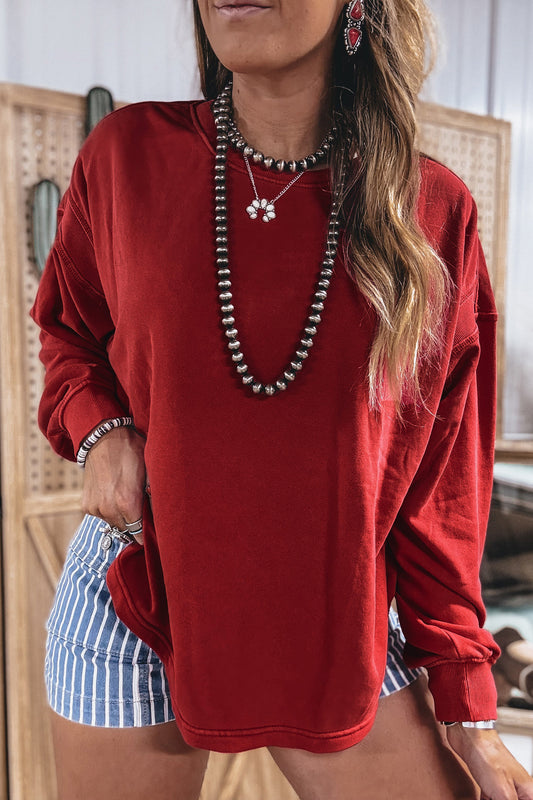 Racing Red Ribbed Detail Drop Shoulder Cutout Back Sweatshirt-Tops/Sweatshirts & Hoodies-[Adult]-[Female]-2022 Online Blue Zone Planet