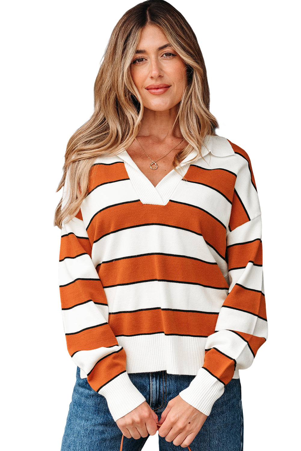 Brown Stripe Ribbed Polo Collar Drop Shoulder Sweater-Sweaters & Cardigans/Sweaters-[Adult]-[Female]-2022 Online Blue Zone Planet