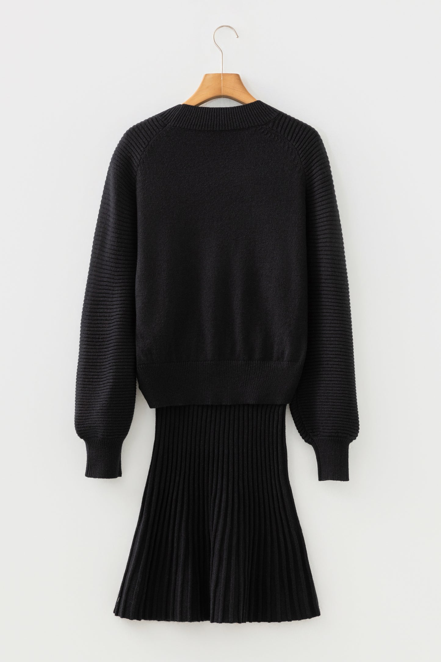 Black High Neck Puff Sleeve Sweater Pleated Mini Skirt 2pcs Knitted Outfit-TOPS / DRESSES-[Adult]-[Female]-2022 Online Blue Zone Planet