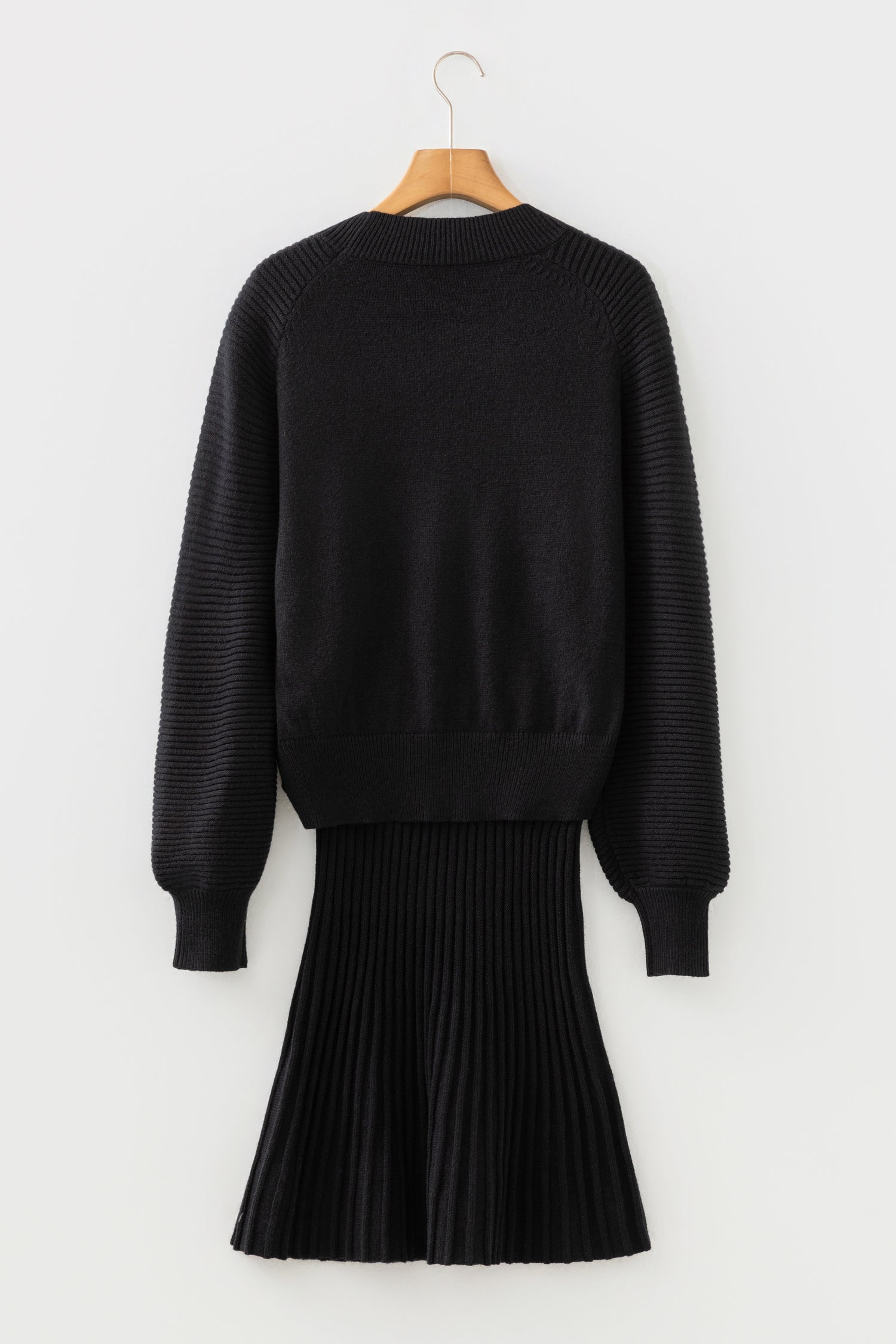 Black High Neck Puff Sleeve Sweater Pleated Mini Skirt 2pcs Knitted Outfit-TOPS / DRESSES-[Adult]-[Female]-2022 Online Blue Zone Planet