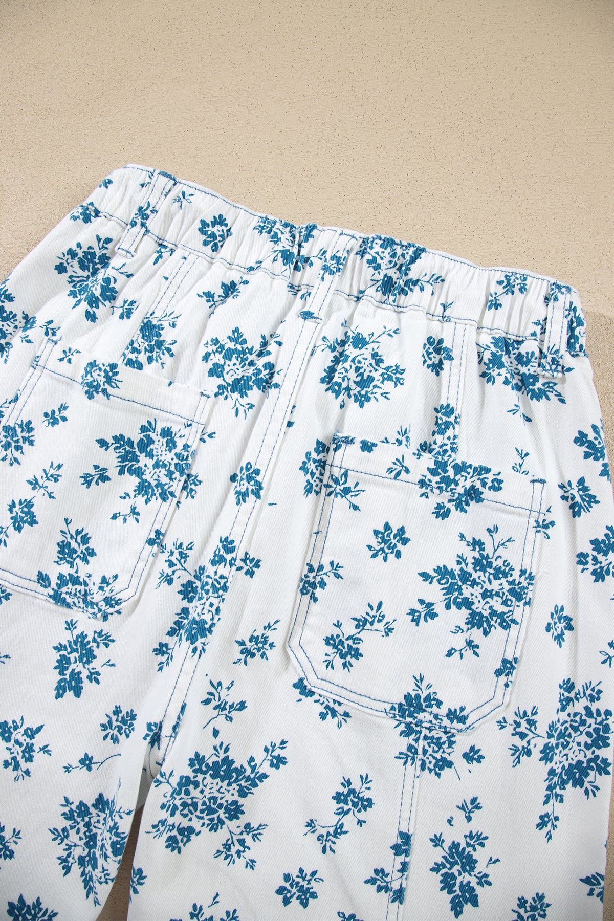 Sky Blue Floral Print Tie Waist Straight Leg Jeans-Bottoms/Jeans-[Adult]-[Female]-2022 Online Blue Zone Planet