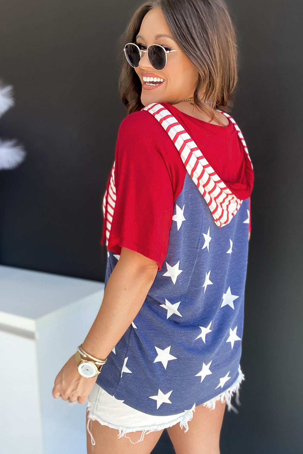 Fiery Red Stars and Stripes Print Drawstring Hooded T Shirt-Tops/Tops & Tees-[Adult]-[Female]-2022 Online Blue Zone Planet