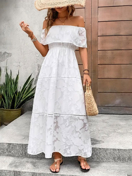 Off-Shoulder Short Sleeve Maxi Dress-TOPS / DRESSES-[Adult]-[Female]-White-S-2022 Online Blue Zone Planet