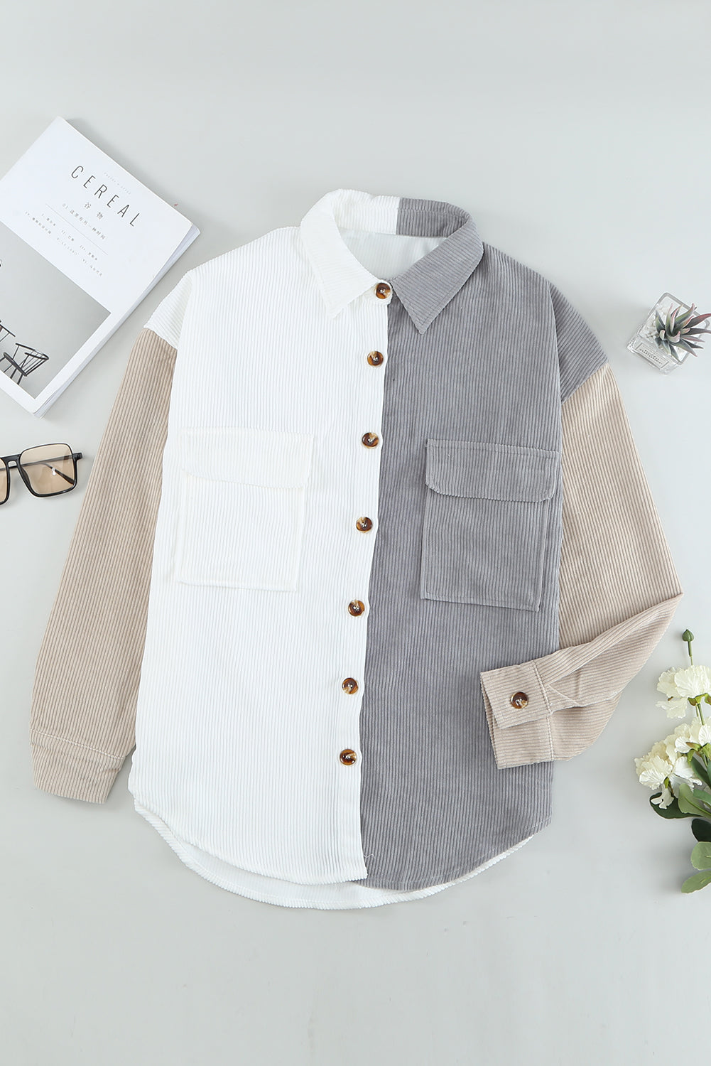 White Color Block Button Shirt with Pocket-Tops/Blouses & Shirts-[Adult]-[Female]-2022 Online Blue Zone Planet