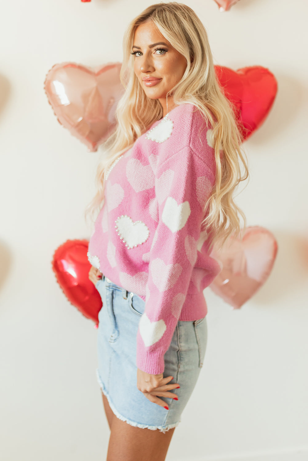 Blue Zone Planet | Pink Pearled Heart Print Valentines Crew Neck Sweater-Sweaters & Cardigans/Sweaters-[Adult]-[Female]-2022 Online Blue Zone Planet