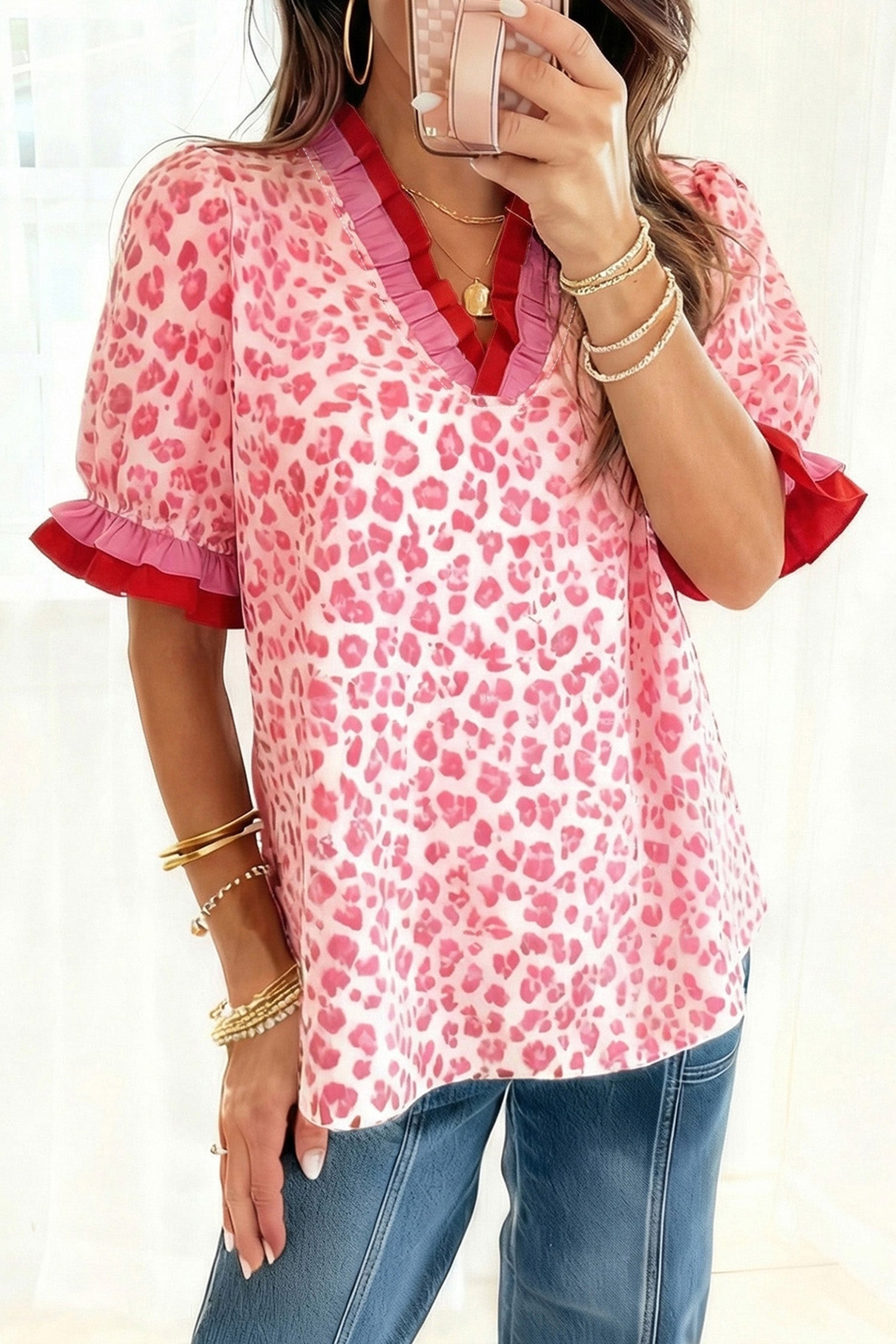 Pink Stripe Ruffled Trim V Neck Leopard Print Short Sleeve Blouse-Tops/Blouses & Shirts-[Adult]-[Female]-Pink Stripe-S-2022 Online Blue Zone Planet