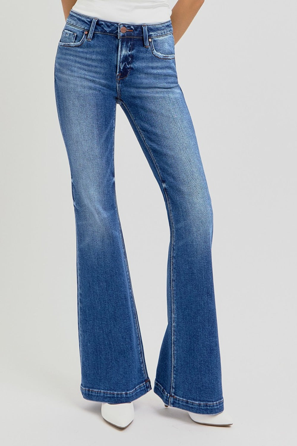 RISEN Full Size Low Rise Flare Jeans with Pockets-BOTTOMS SIZES SMALL MEDIUM LARGE-[Adult]-[Female]-2022 Online Blue Zone Planet