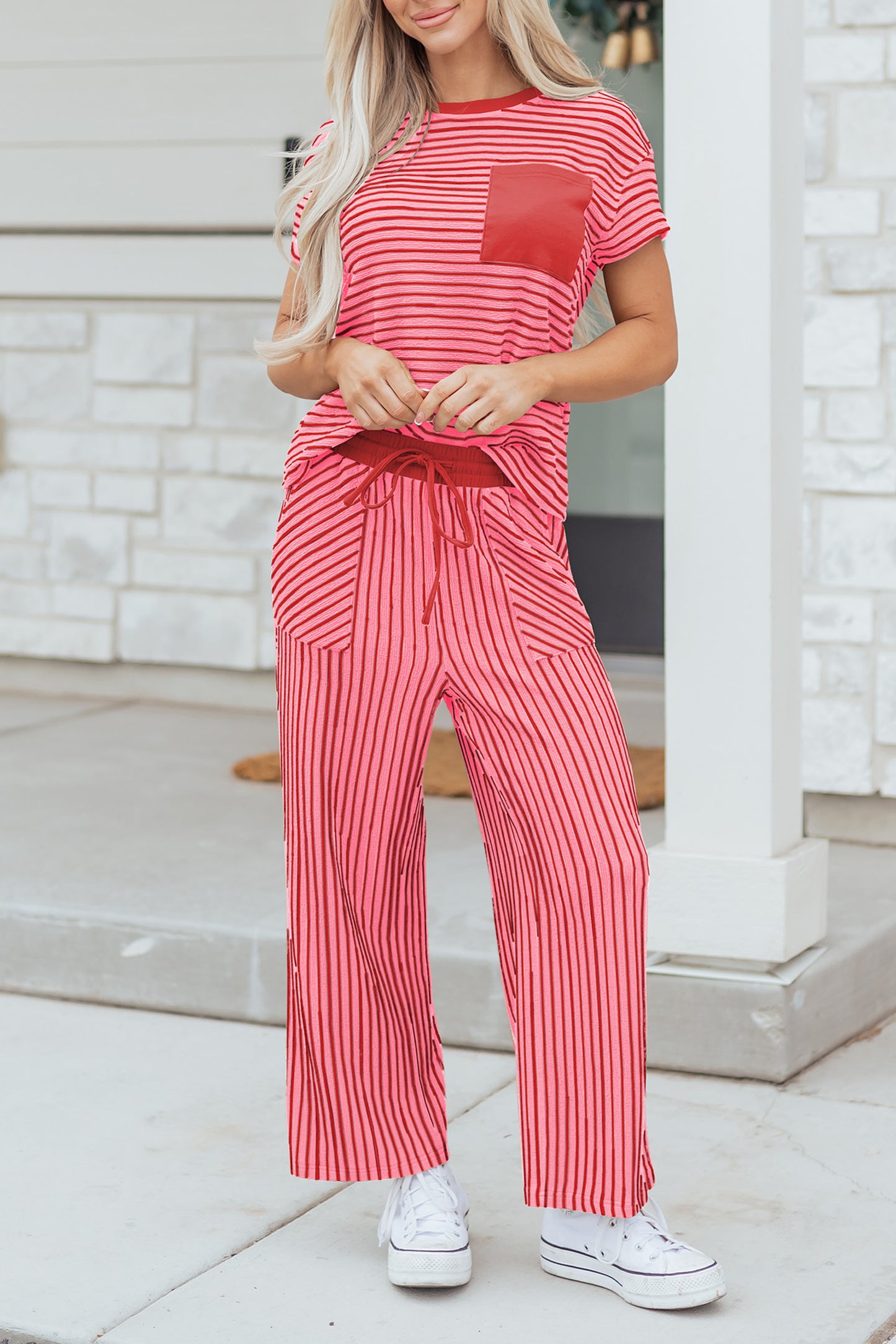 Sky Blue Stripe Crew Neck Tee Drawstring Waist Cropped Pants Set-Two Piece Sets/Pant Sets-[Adult]-[Female]-2022 Online Blue Zone Planet