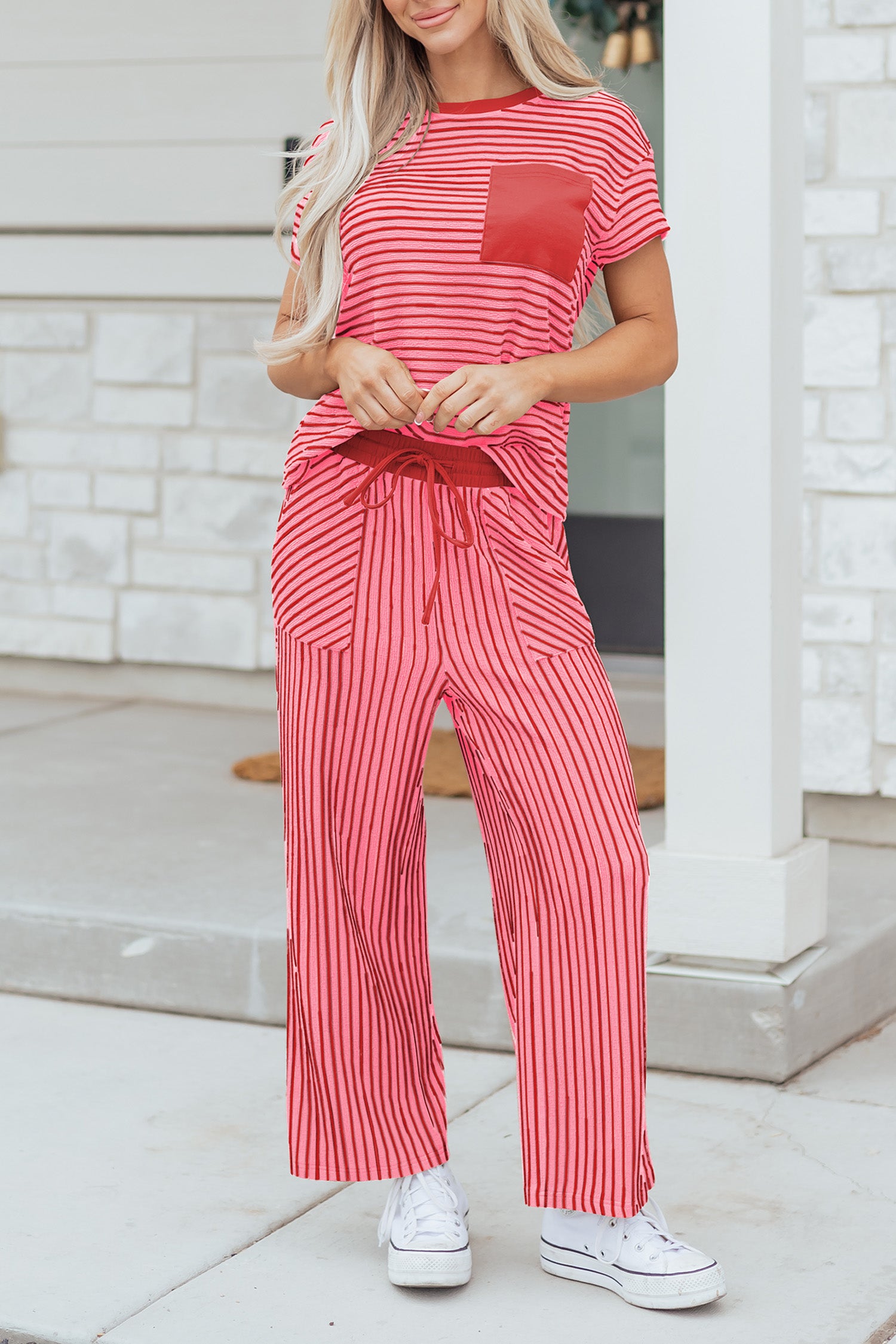 Sky Blue Stripe Crew Neck Tee Drawstring Waist Cropped Pants Set-Two Piece Sets/Pant Sets-[Adult]-[Female]-2022 Online Blue Zone Planet