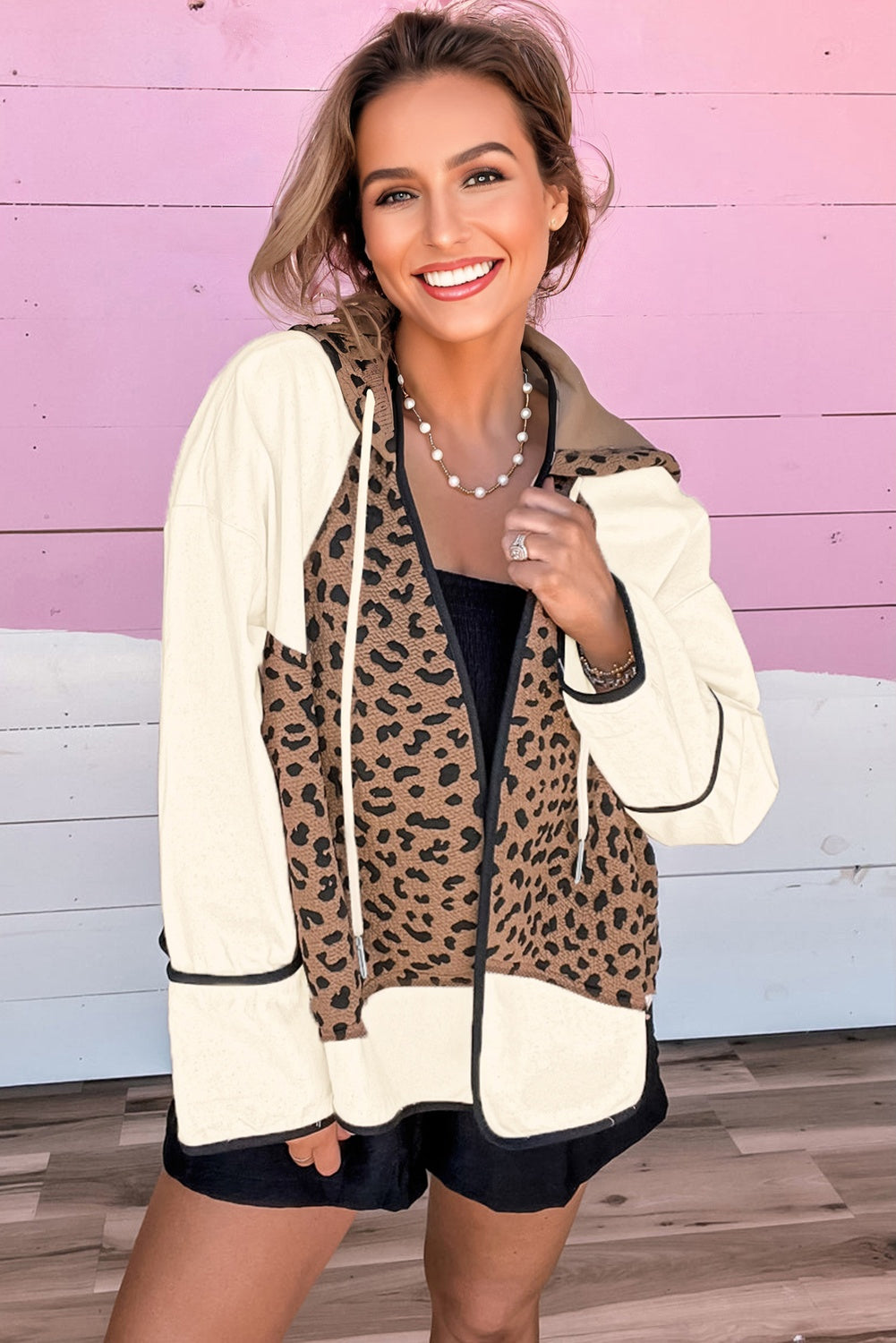Brown Leopard Star Hooded Patchwork Contrast Piping Open Front Jacket-Outerwear/Jackets-[Adult]-[Female]-2022 Online Blue Zone Planet