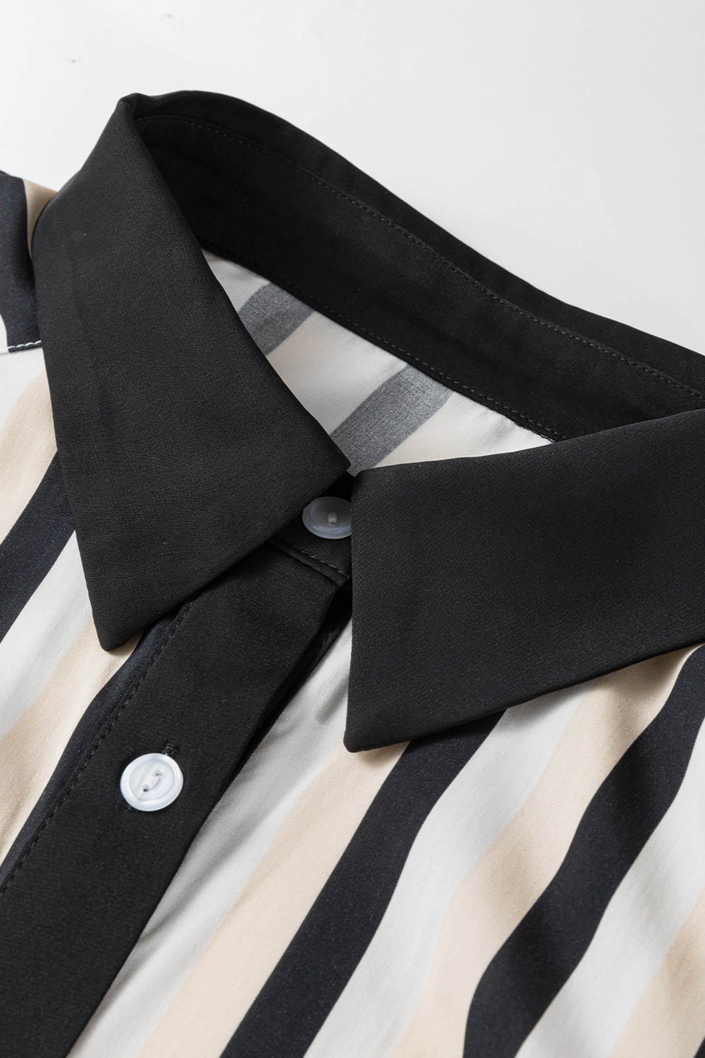 Black Stripe 3/4 Puff Sleeve Shirt Style Button Down Midi Dress-TOPS / DRESSES-[Adult]-[Female]-2022 Online Blue Zone Planet