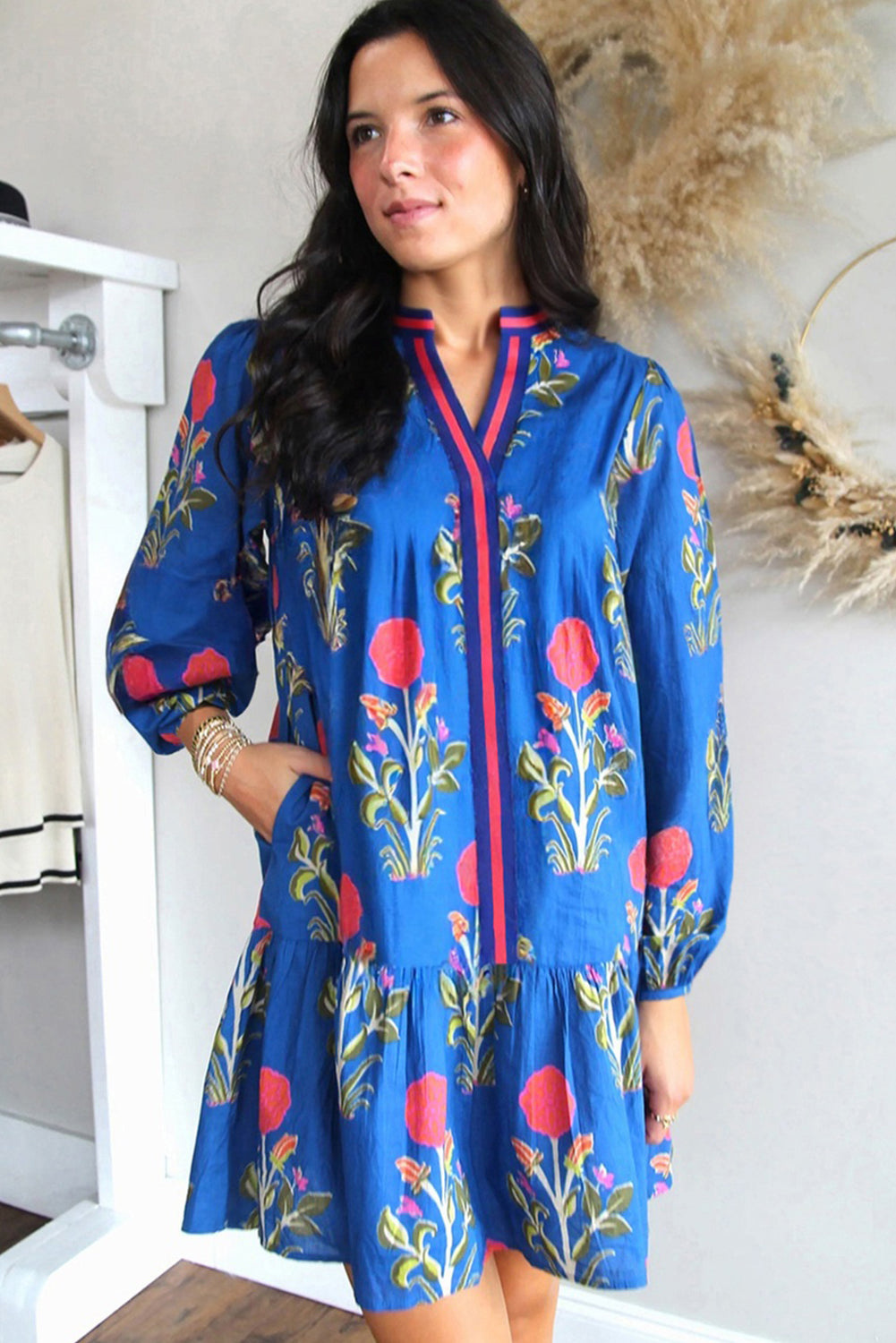 Sky Blue Floral Print Contrast Striped Trim Notched Neck Long Sleeve Dress-Dresses/Floral Dresses-[Adult]-[Female]-2022 Online Blue Zone Planet