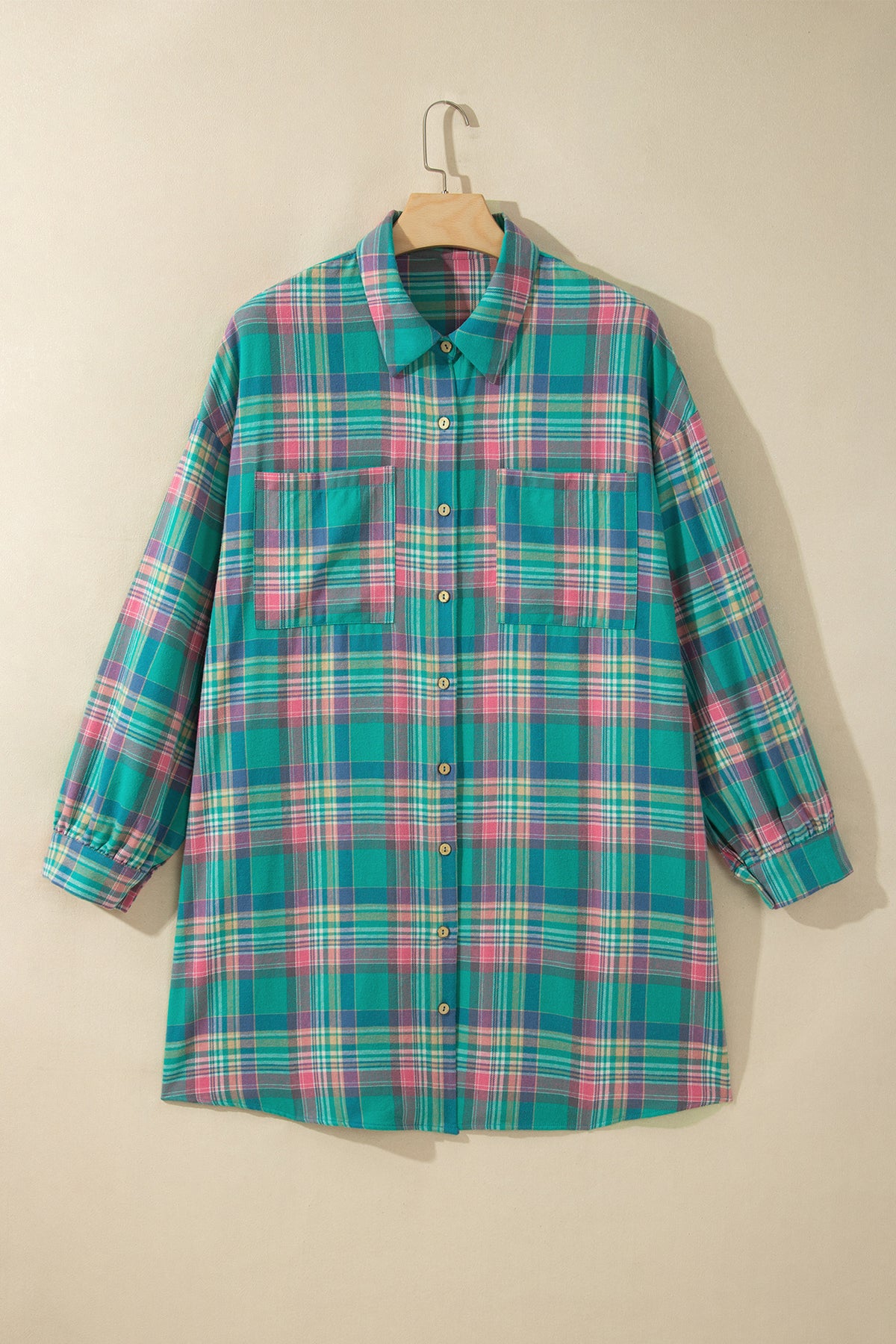 Green Plaid Button-Up Shift Long Sleeve V Neck Plus Size Dress-TOPS / DRESSES-[Adult]-[Female]-2022 Online Blue Zone Planet
