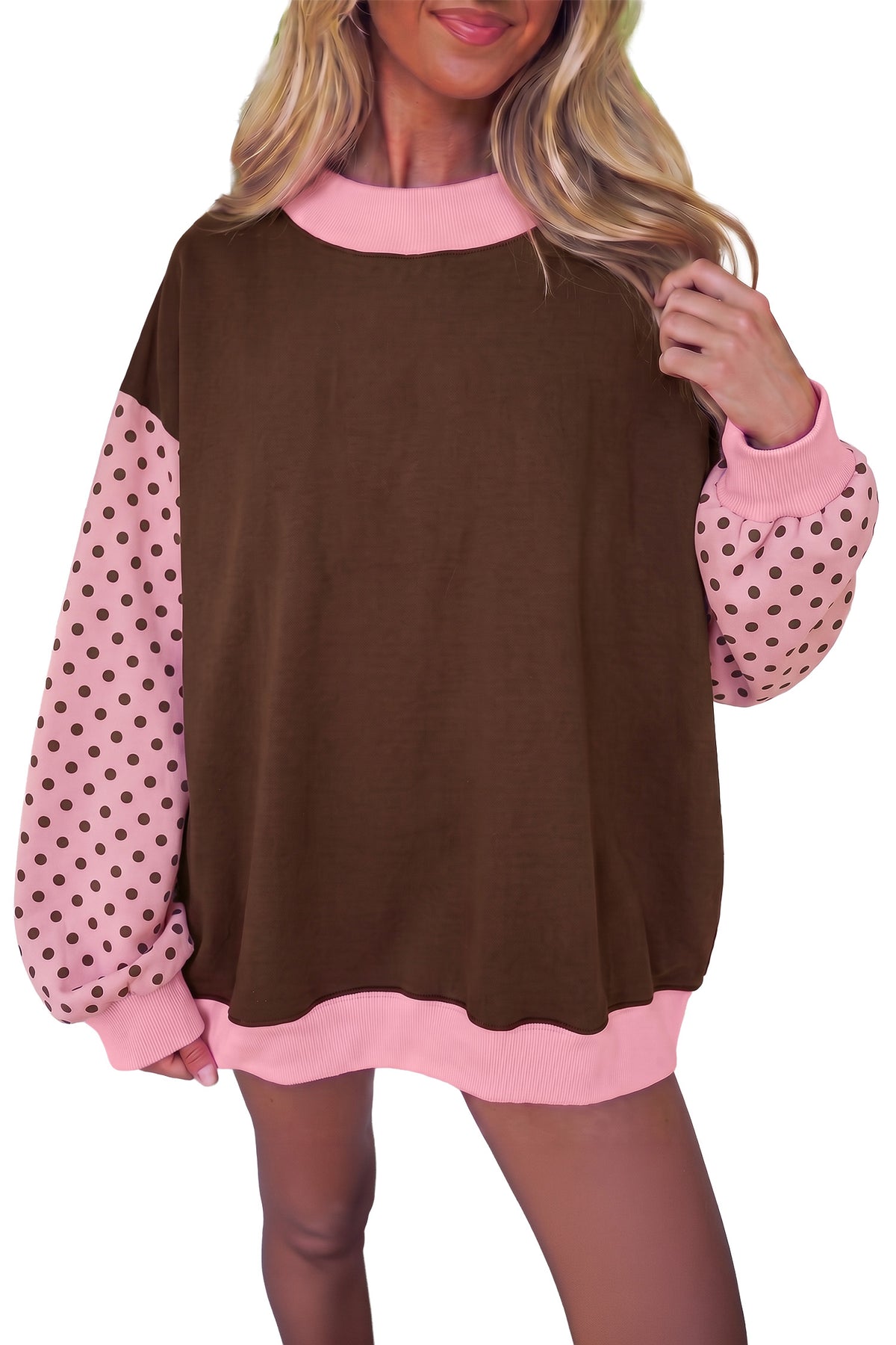 Coffee Colorblock Polka Dot Puff Sleeve Shift Tunic Pullover Sweatshirt