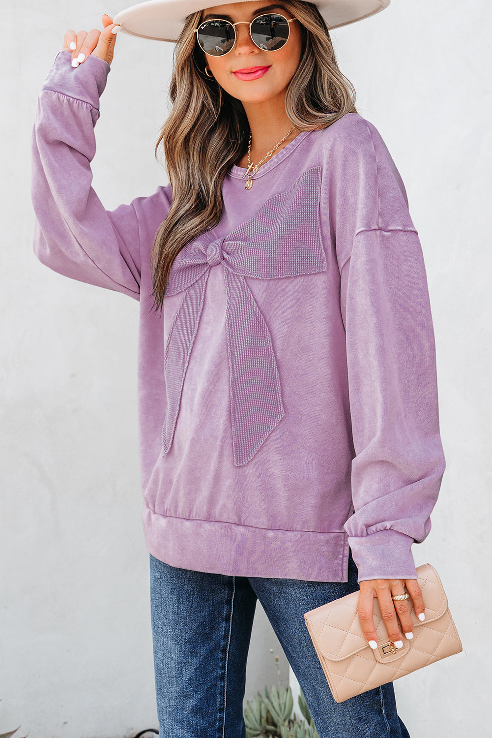 Orchid Bouquet Mineral Wash Big Bow Patchwork Pullover Sweatshirt-Tops/Sweatshirts & Hoodies-[Adult]-[Female]-2022 Online Blue Zone Planet