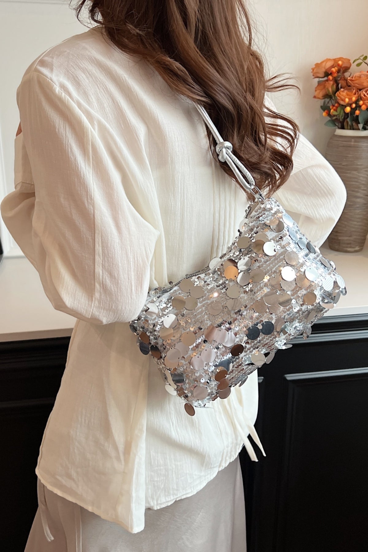 Sequin Knotted Straps Shoulder Bag-HANDBAGS-[Adult]-[Female]-Silver-One Size-2022 Online Blue Zone Planet