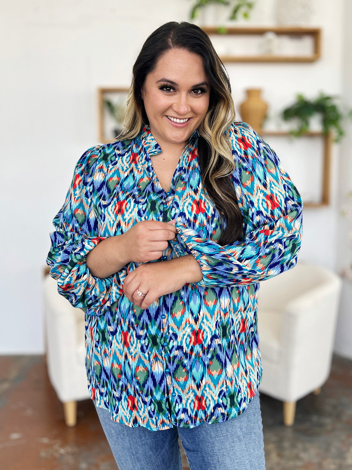 Blue Zone Planet | Double Take Full Size Printed Balloon Sleeve Blouse-TOPS / DRESSES-[Adult]-[Female]-2022 Online Blue Zone Planet