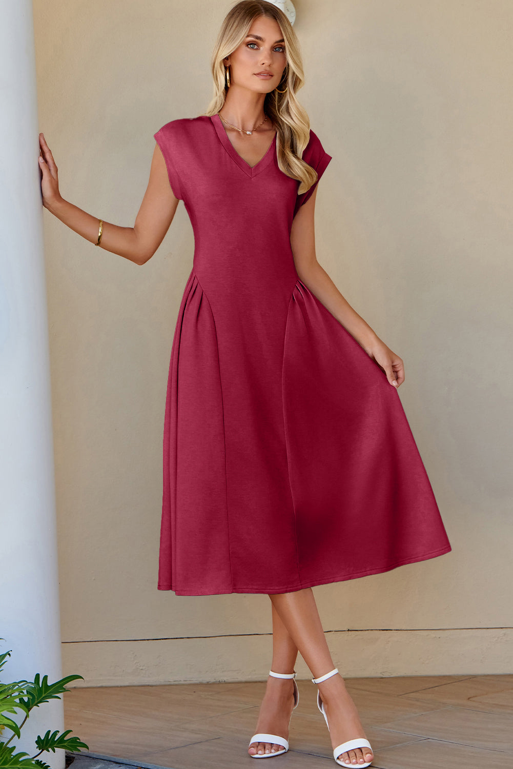 Red Dahlia Solid Color V Neck Pleated Flared Midi Dress-TOPS / DRESSES-[Adult]-[Female]-2022 Online Blue Zone Planet